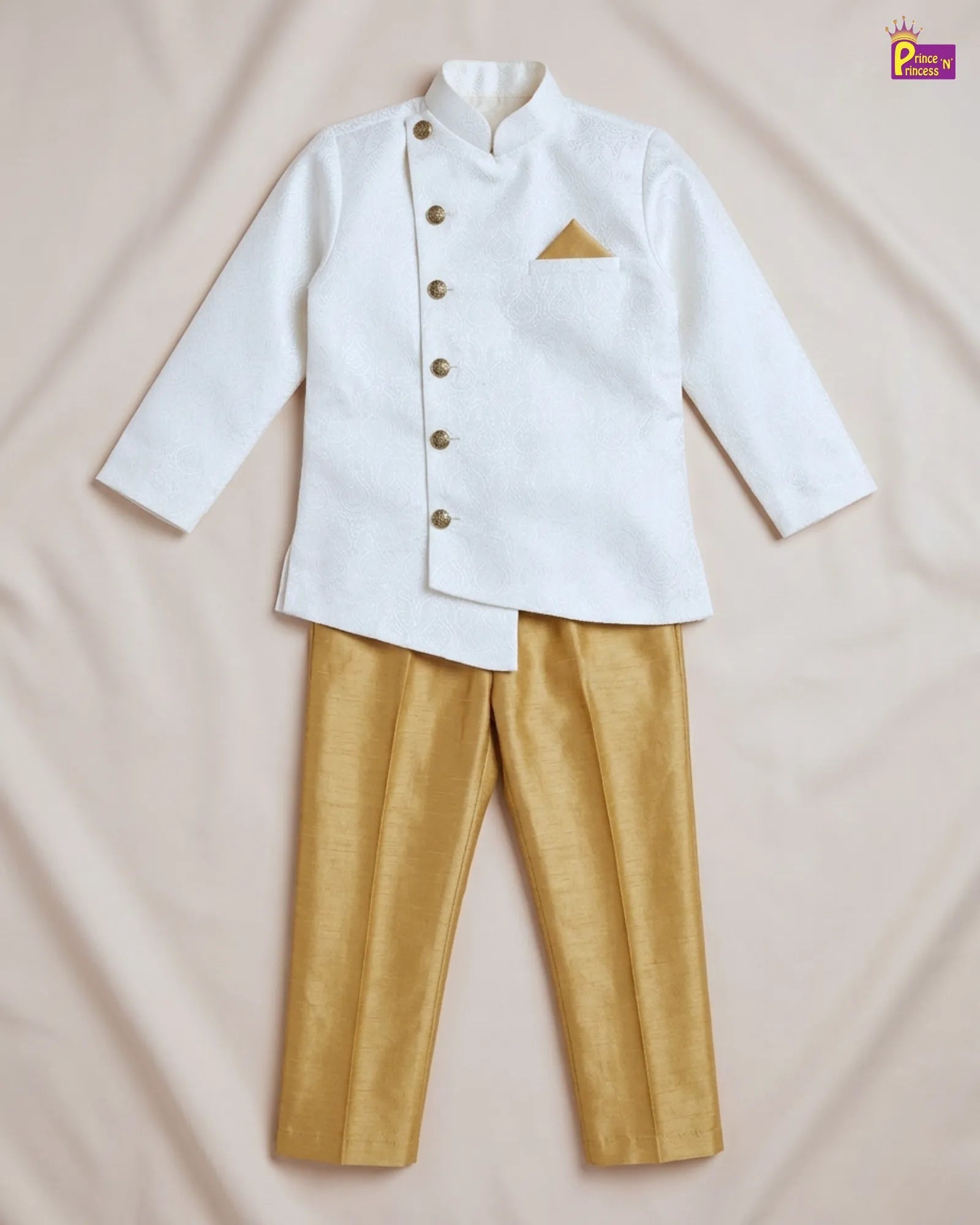 Boys White Jodhpuri Jacket Set – Asymmetric Collar Gold Pant Suit KP226 for kids festival wear