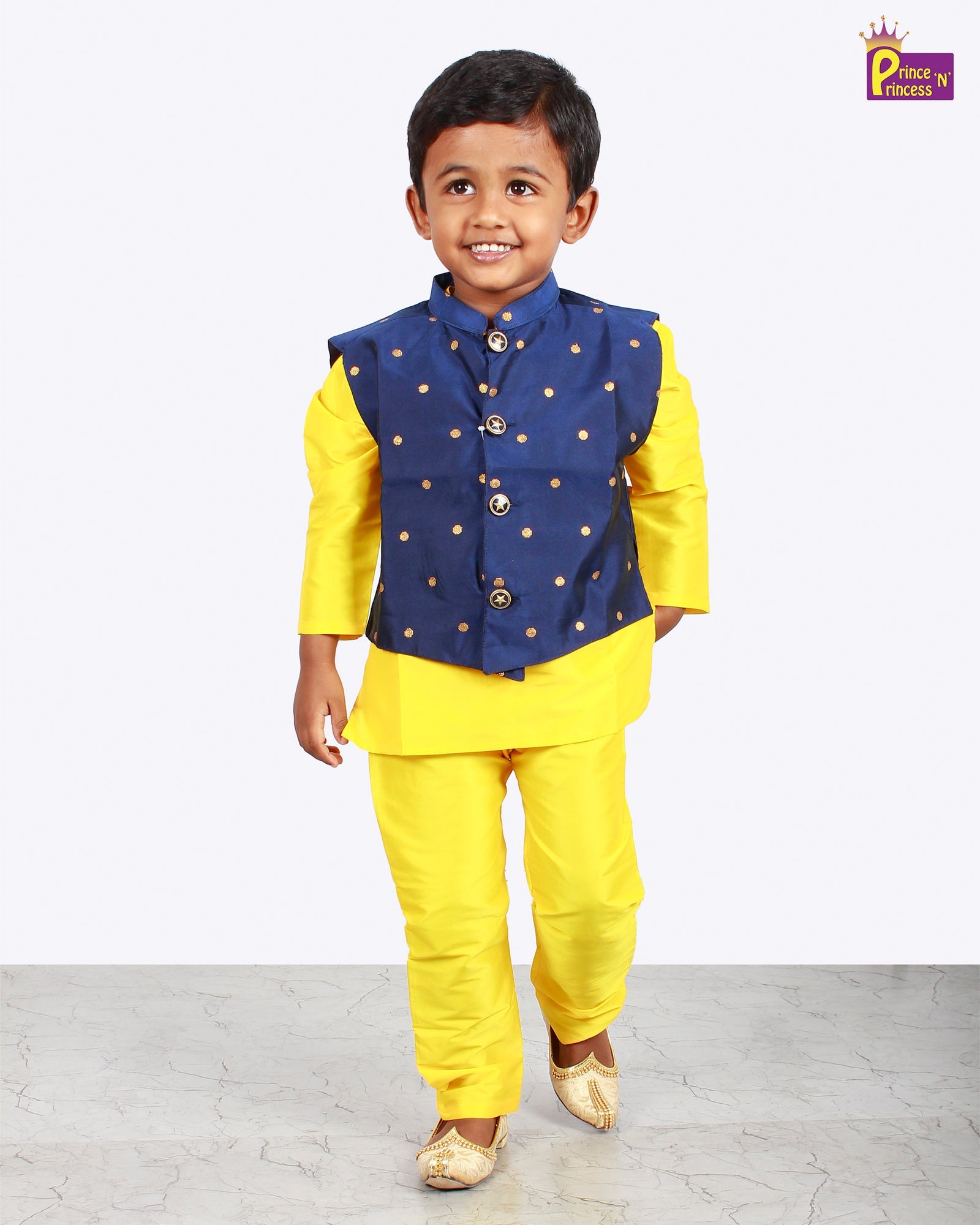 Boys Yellow Navy Kurta Pajama with Coat KP045 - Prince N Princess