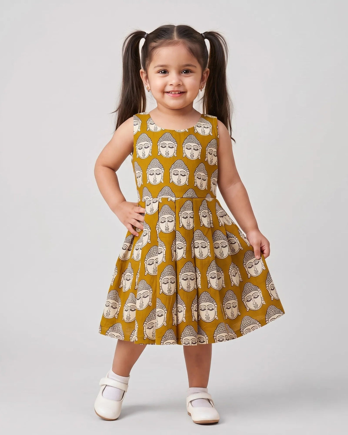 A young girl with dark hair in pigtails stands against a light gray studio background wearing a sleeveless mustard yellow dress with a repeating white and gray face pattern, paired with white shoes.