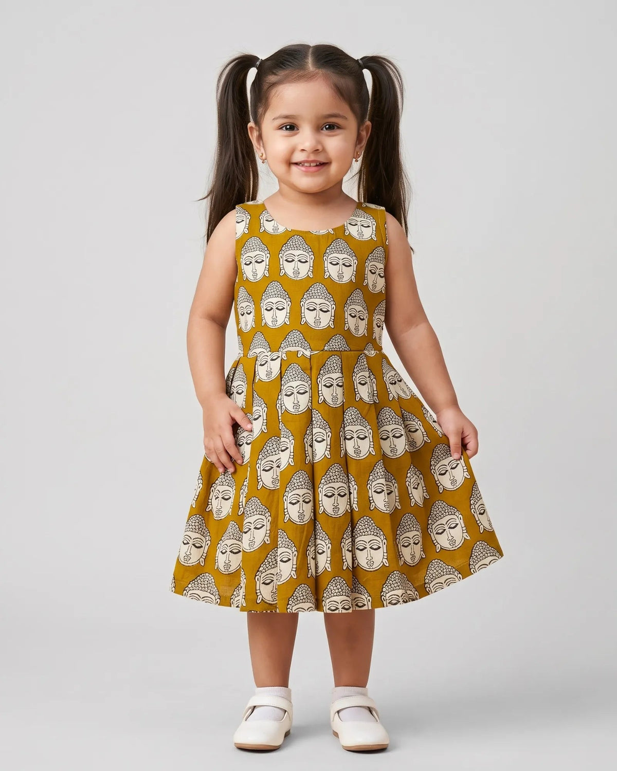 A young girl with dark hair in pigtails stands against a light gray studio background wearing a sleeveless mustard yellow dress with an all-over white and gray Buddha face print, paired with white shoes. The YellowFrog logo appears in the top left corner.