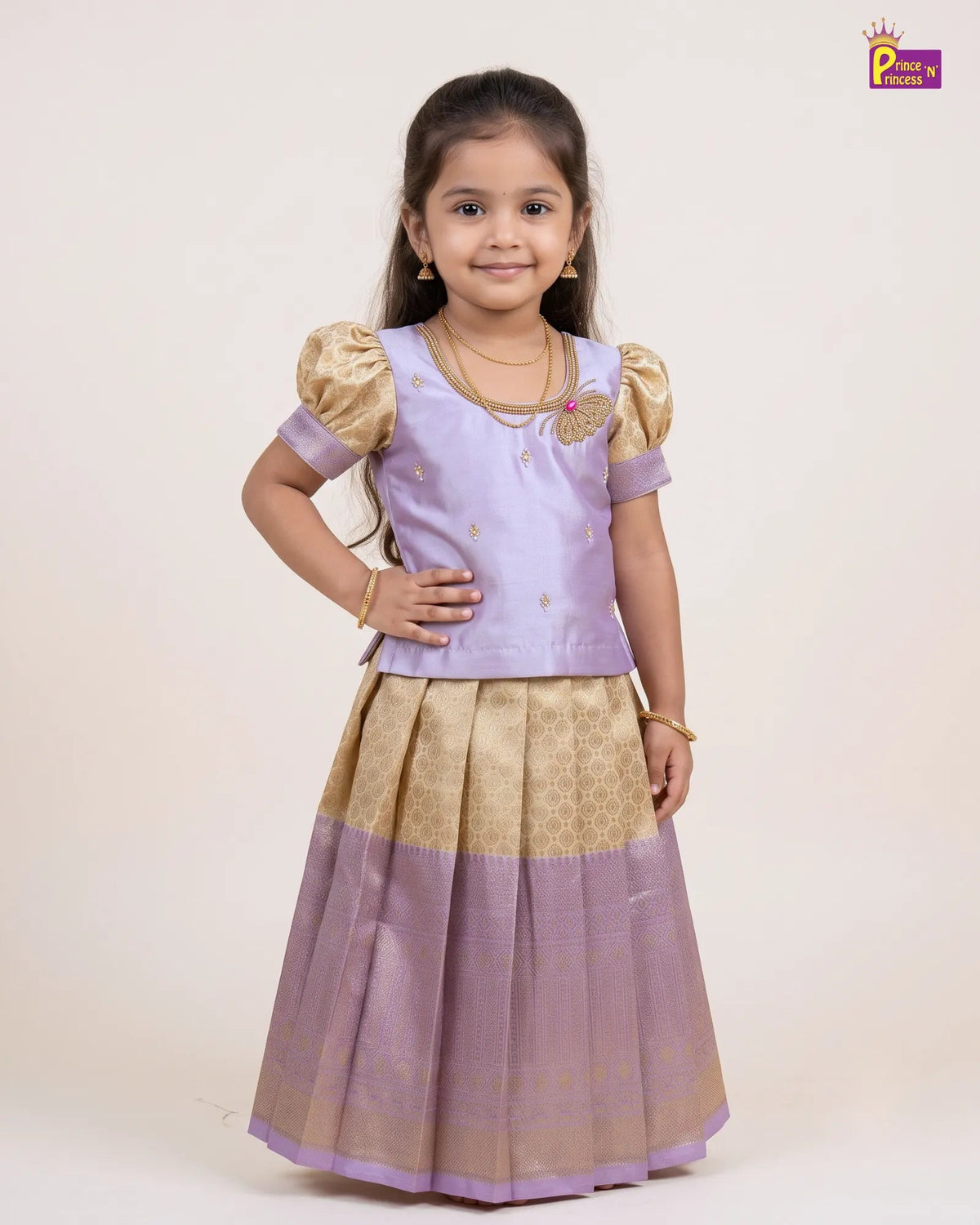 Butterfly Pattu Pavadai for Girls - Lavender Gold Diwali Silk Set PPP2182 for kids festival wear