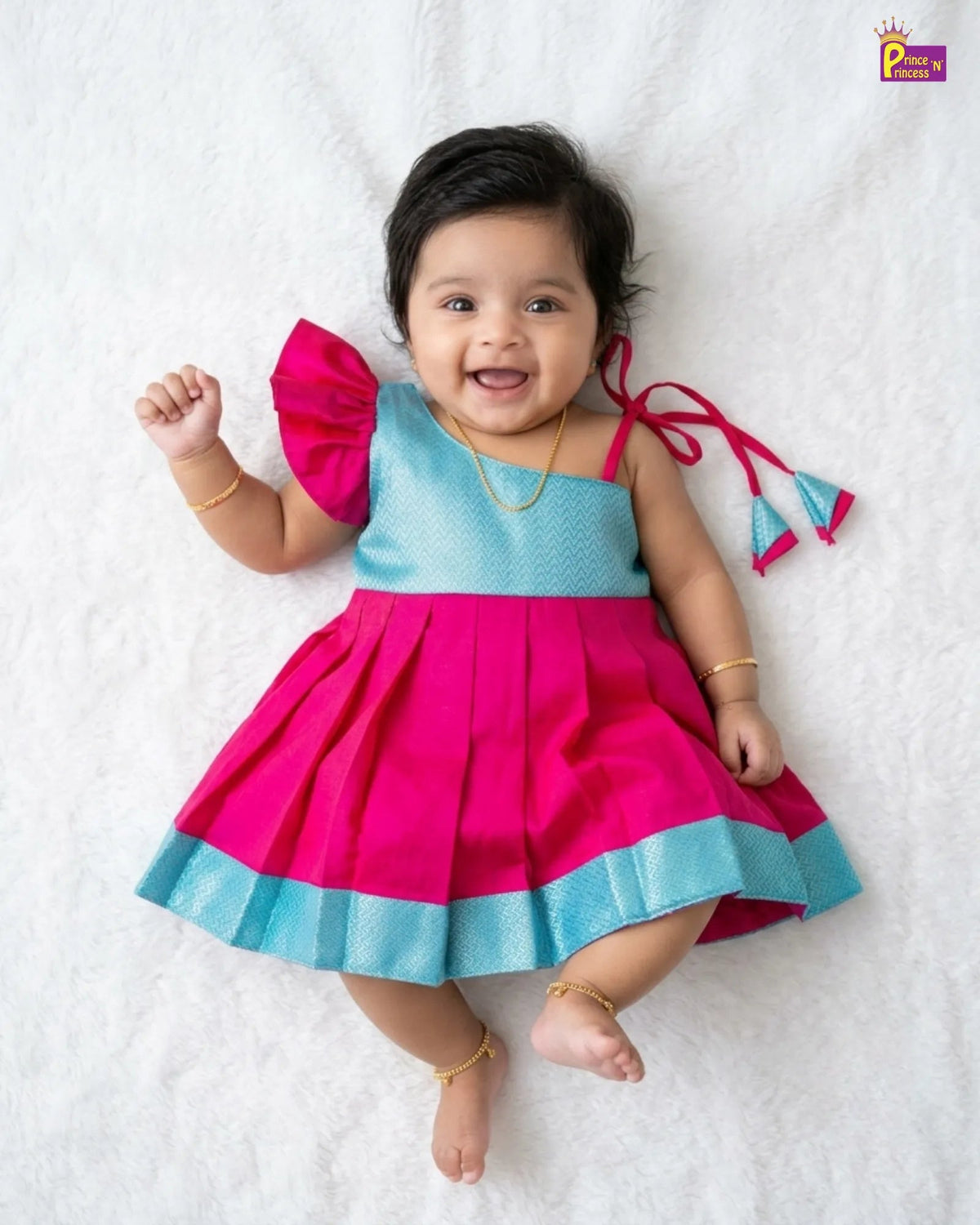 Butterfly Sleeve Newborn Silk Frock - Pink Turquoise Pattu Set LF2068 for kids festival wear