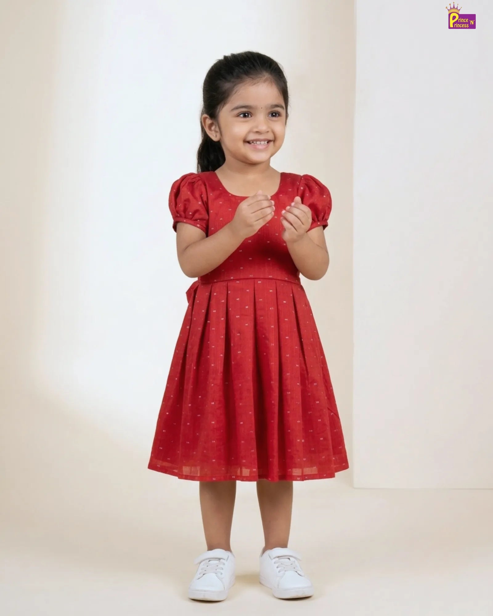 Red Dobby Cotton Frock for Girls | Square Neck Puff Sleeve Daily Wear CF437