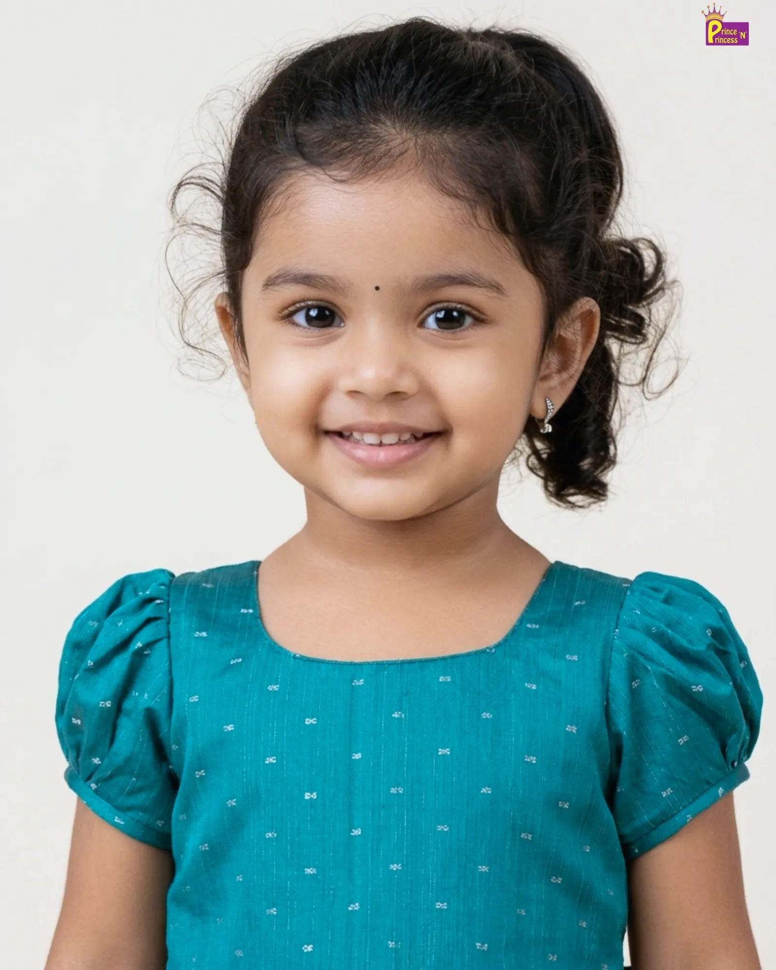 Teal Green Dobby Cotton Frock for Girls | Square Neck Puff Sleeve Dress CF438