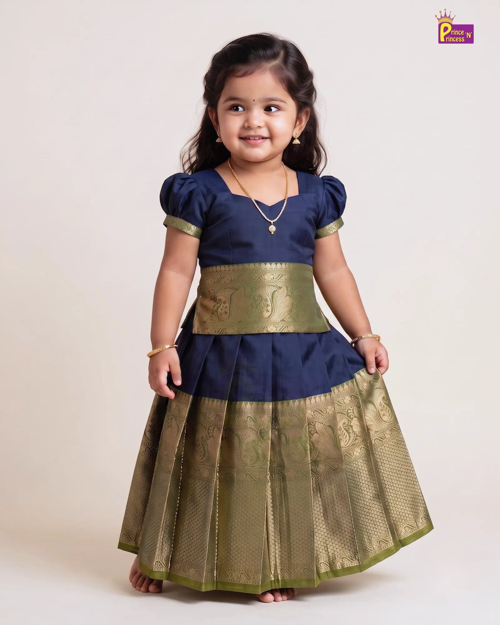 Chettinad Pattu Pavadai for Girls | Navy Blue Olive Gold Peacock Zari Silk PPP2137