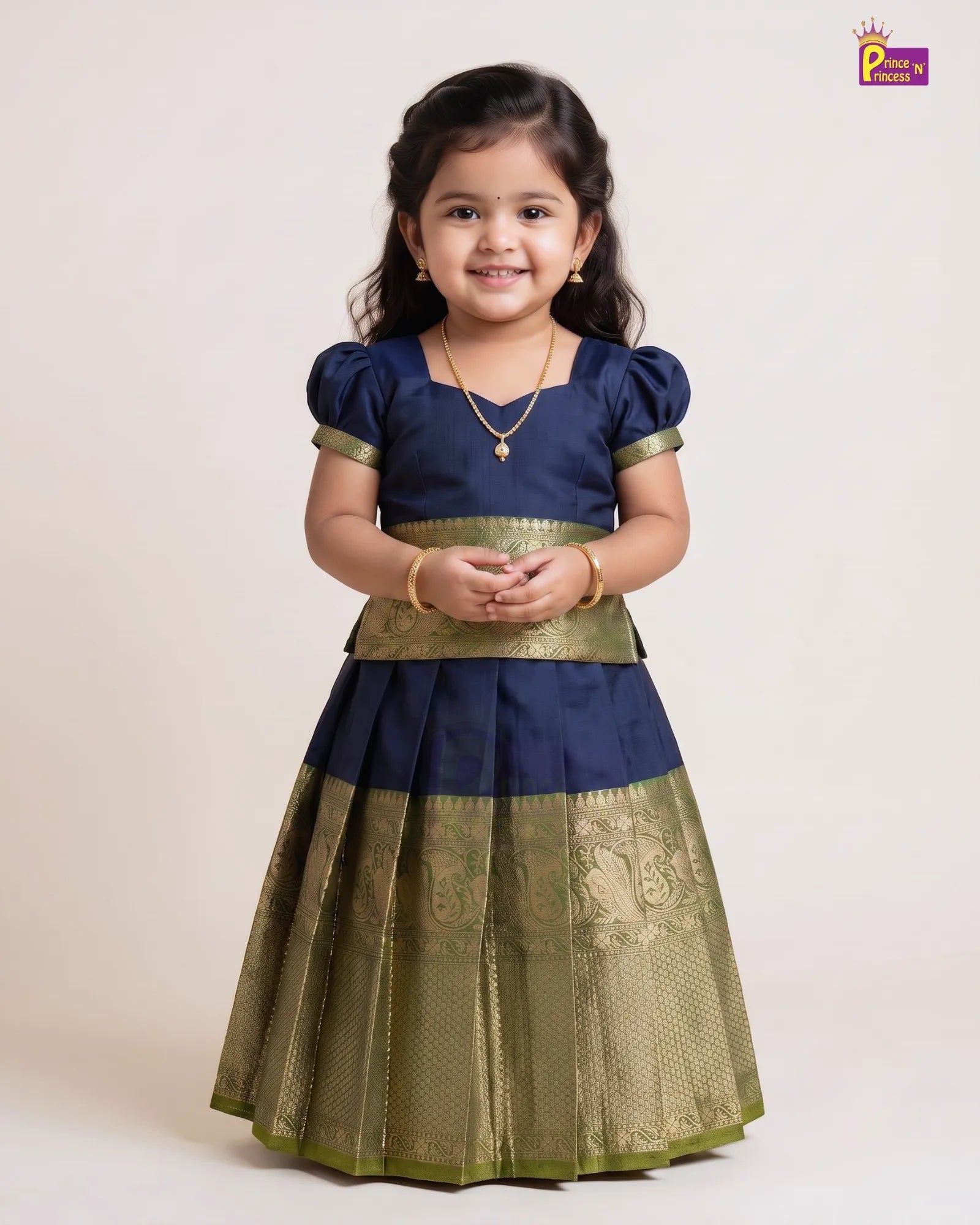 Chettinad Pattu Pavadai for Girls | Navy Blue Olive Gold Peacock Zari Silk PPP2137 for kids festival wear