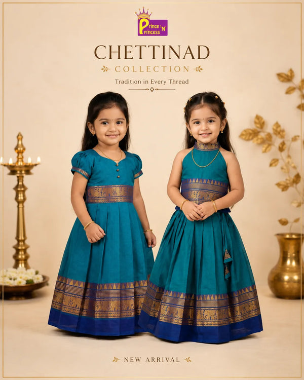Girls Chettinad Pattu Pavadai - Rama Blue Cotton Halter Neck Pattu Pavadai PPP2077
