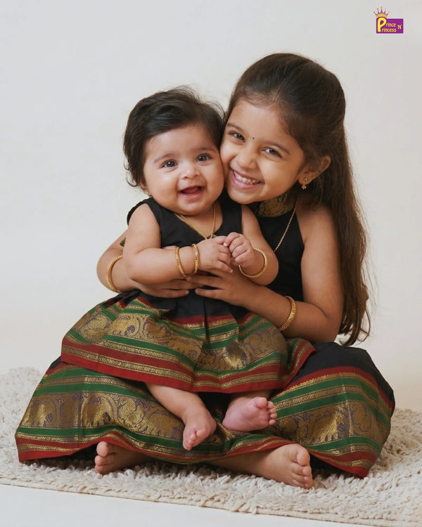 Black Pattu Pavadai Halter Neck Chettinad Cotton Grils Dress - PPP2059