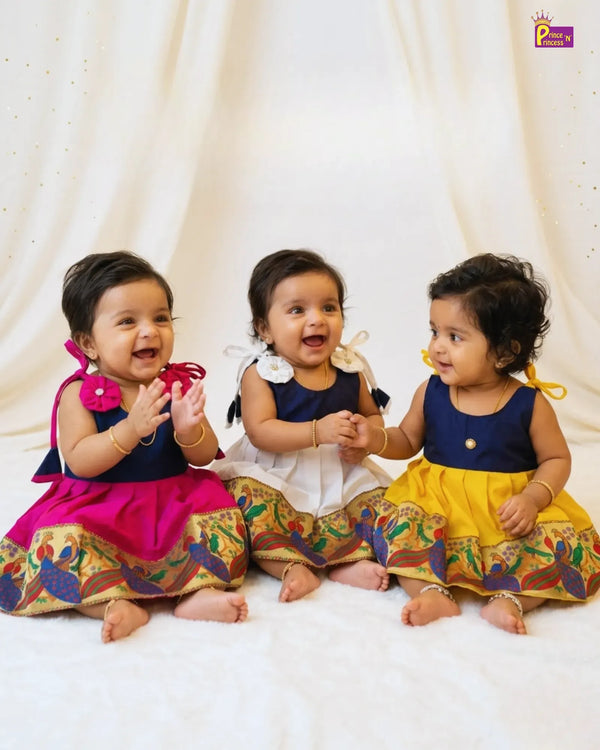 Newborn Pattu Frock with Peacock Border Design - Banarasi Silk Knee Frock LF210