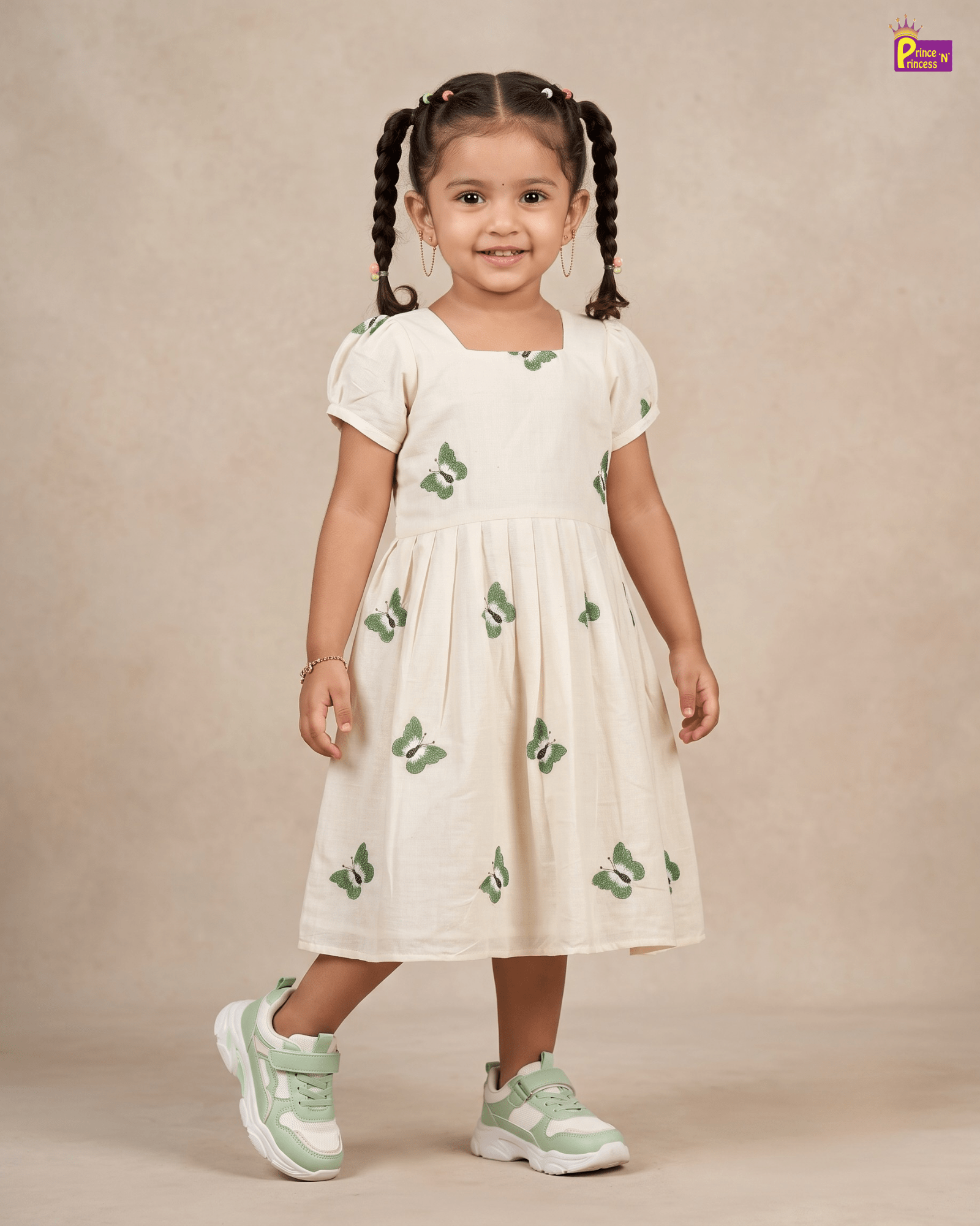 Cream Butterfly Embroidery Cotton Frock for Girls | Soft Casual Dress CF378 for kids festival wear