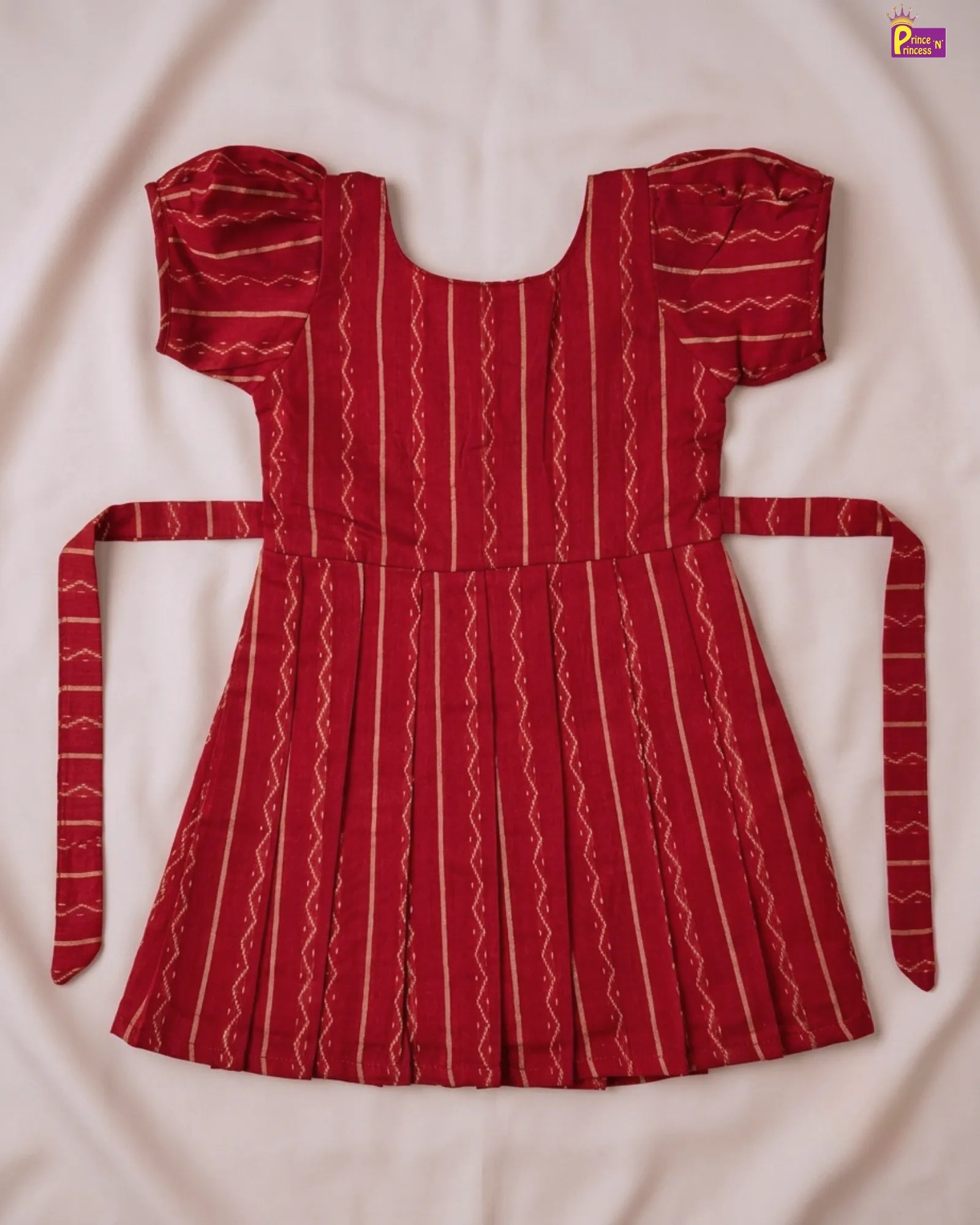 Dark Red Gold Stripe Cotton Frock for Girls | Puff Sleeve Pleated Dress CF424