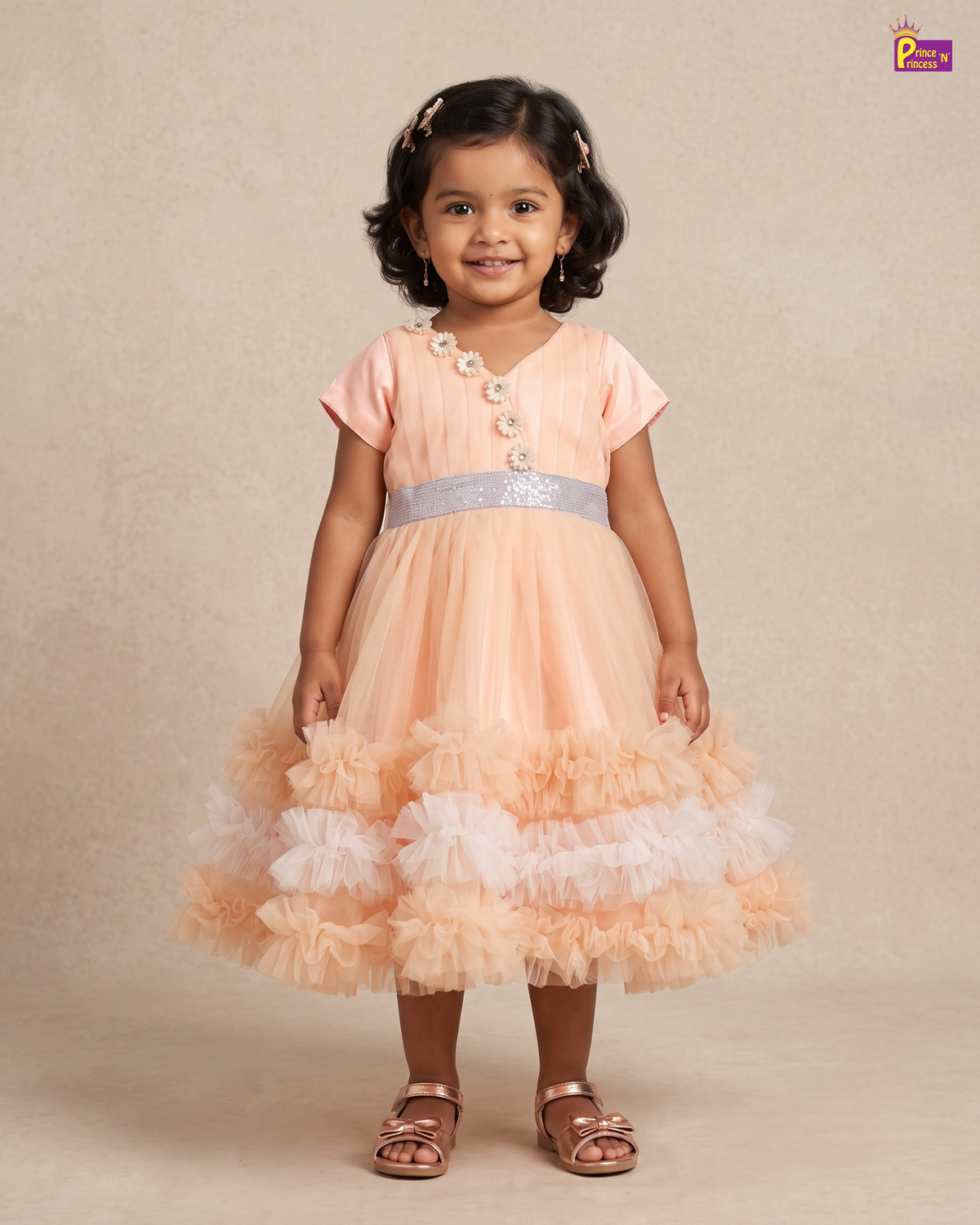 Girls Peach Tulle Dress - Flower Trail Ruffle Party & Birthday Wear BG199