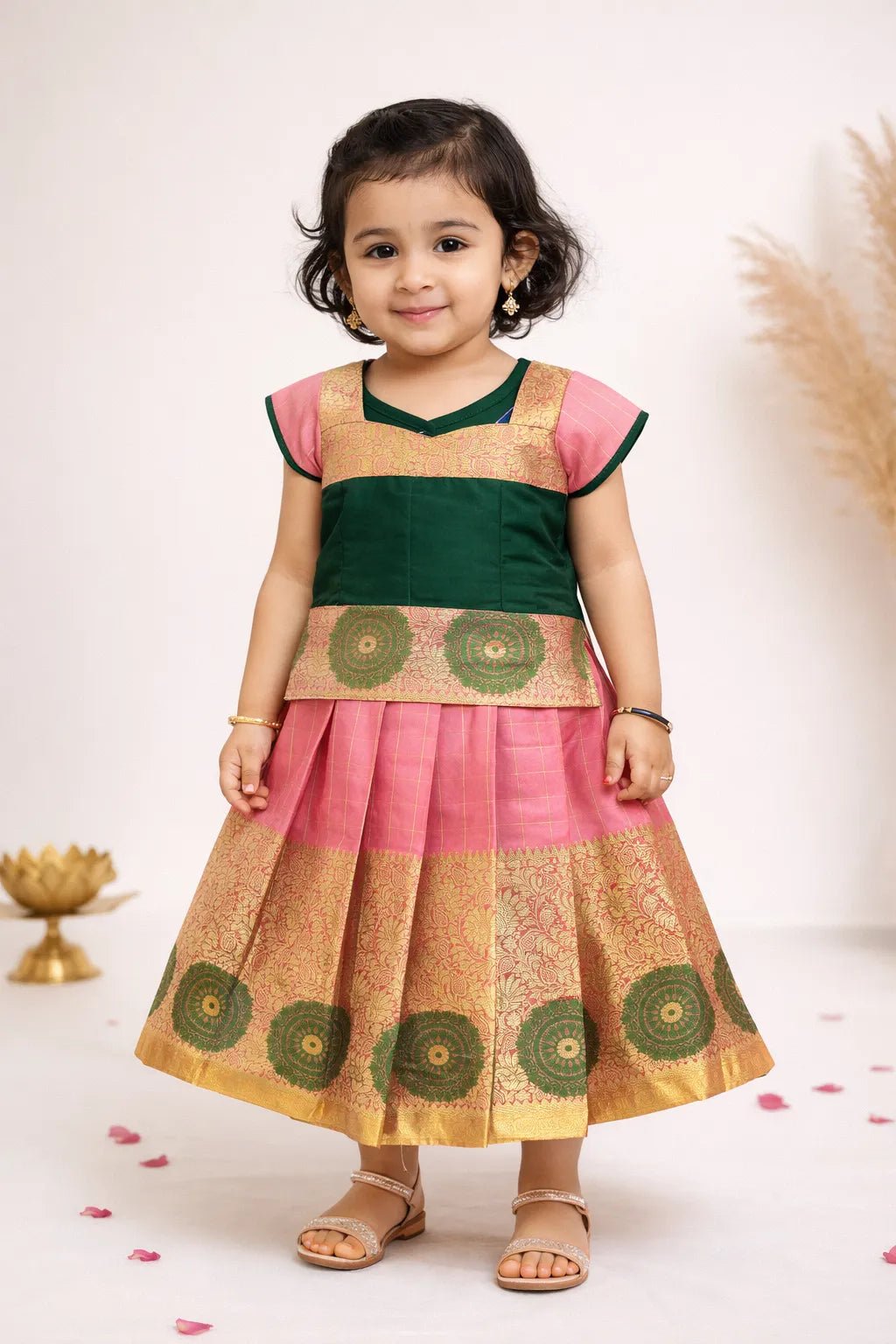 Dark Green And Beige Traditional Pattu Pavadai PPP1743 - Prince N Princess