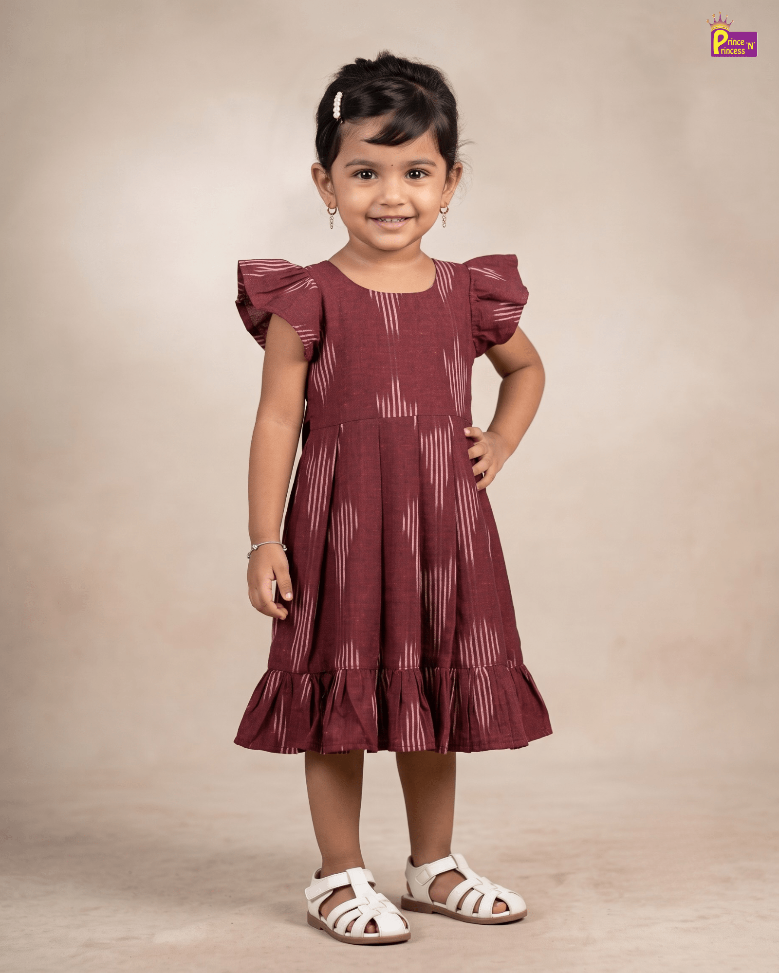 Dark Maroon Ikat Cotton Frock for Girls | Flutter Sleeve Ruffle Dress CF398 for kids festival wear