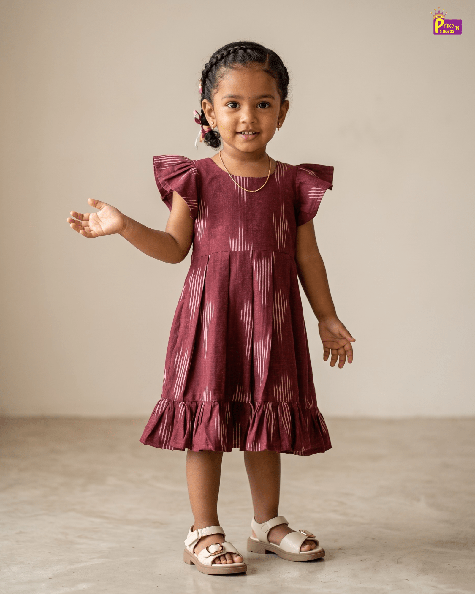 Dark Maroon Ikat Cotton Frock for Girls | Flutter Sleeve Ruffle Dress CF398 for kids festival wear
