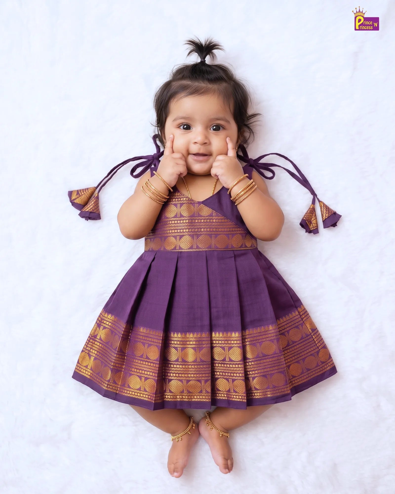 Deep Purple Chettinad Cotton Pattu Frock for Baby Girl | Gold Zari LF2038 for kids festival wear