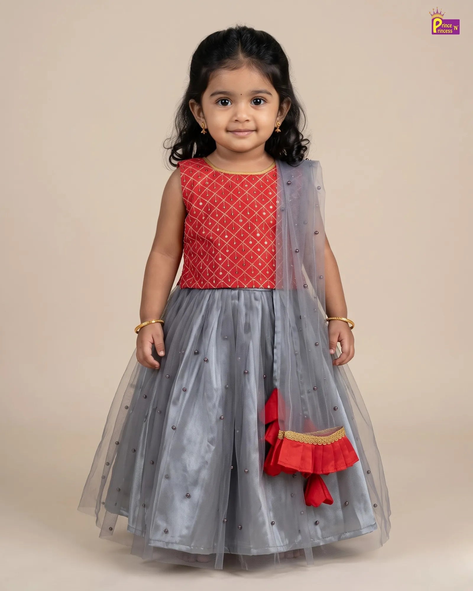 Designer Lehenga Choli with Net Dupatta Crimson Red & Steel Grey LC206 for kids festival wear
