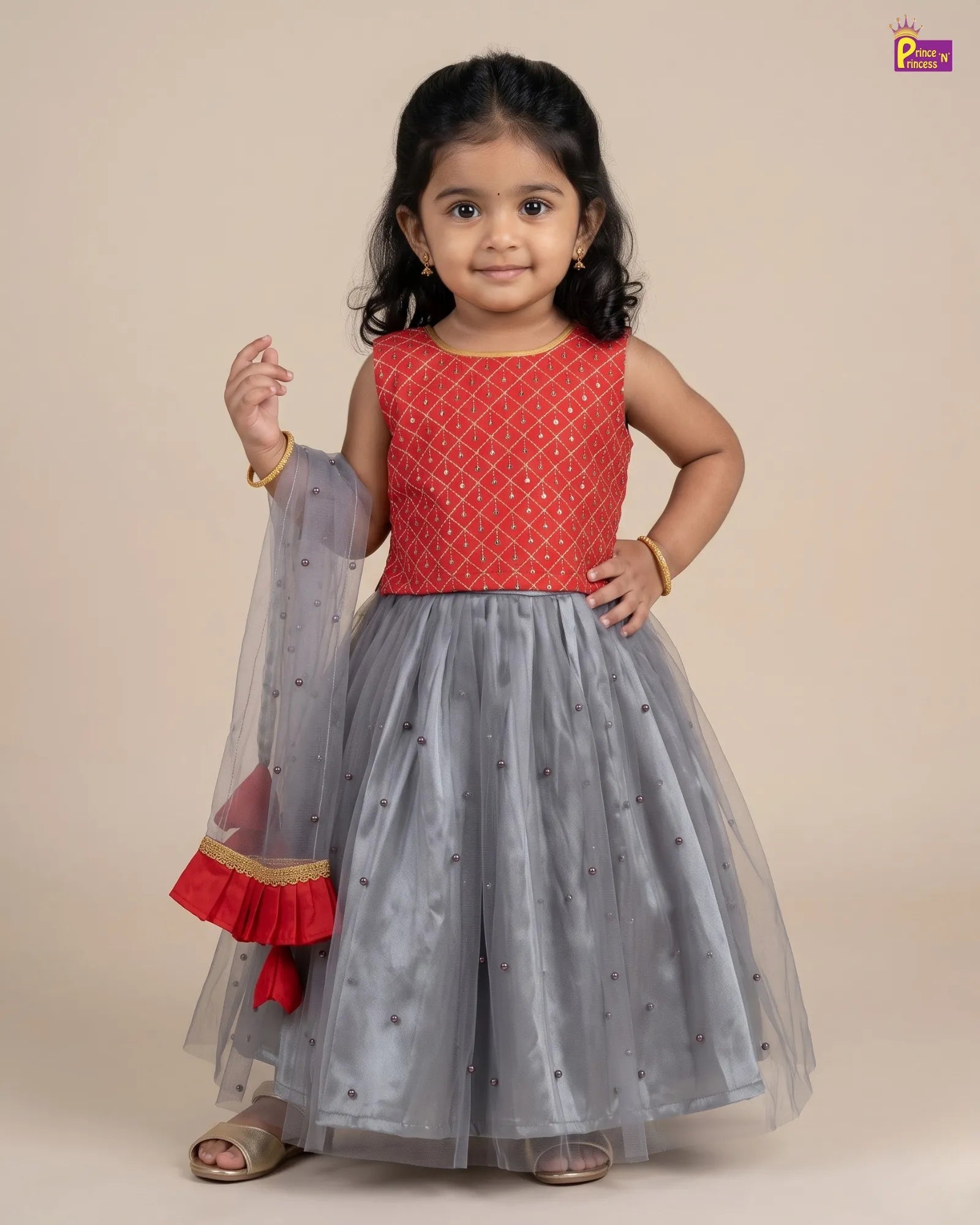 Designer Lehenga Choli with Net Dupatta Crimson Red & Steel Grey LC206 for kids festival wear
