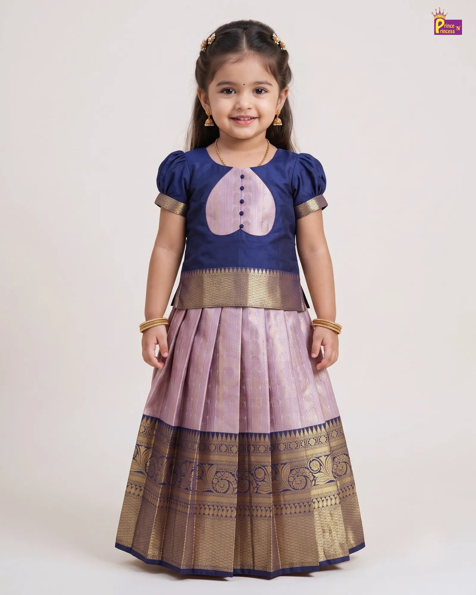 Heart Yoke Pattu Pavadai for Girls | Navy Blue lavender PPP2126