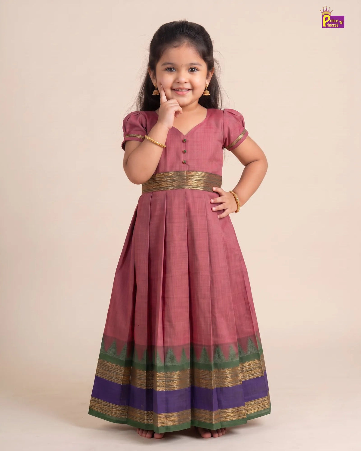 Dusty Rose Chettinad Cotton Long Gown for Girls - Festival Wear PG746 for kids festival wear