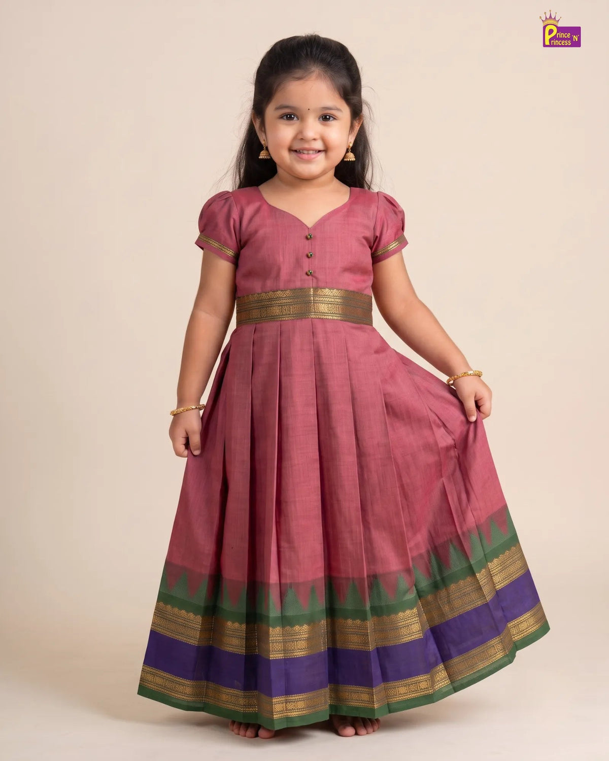 Dusty Rose Chettinad Cotton Long Gown for Girls - Festival Wear PG746 for kids festival wear