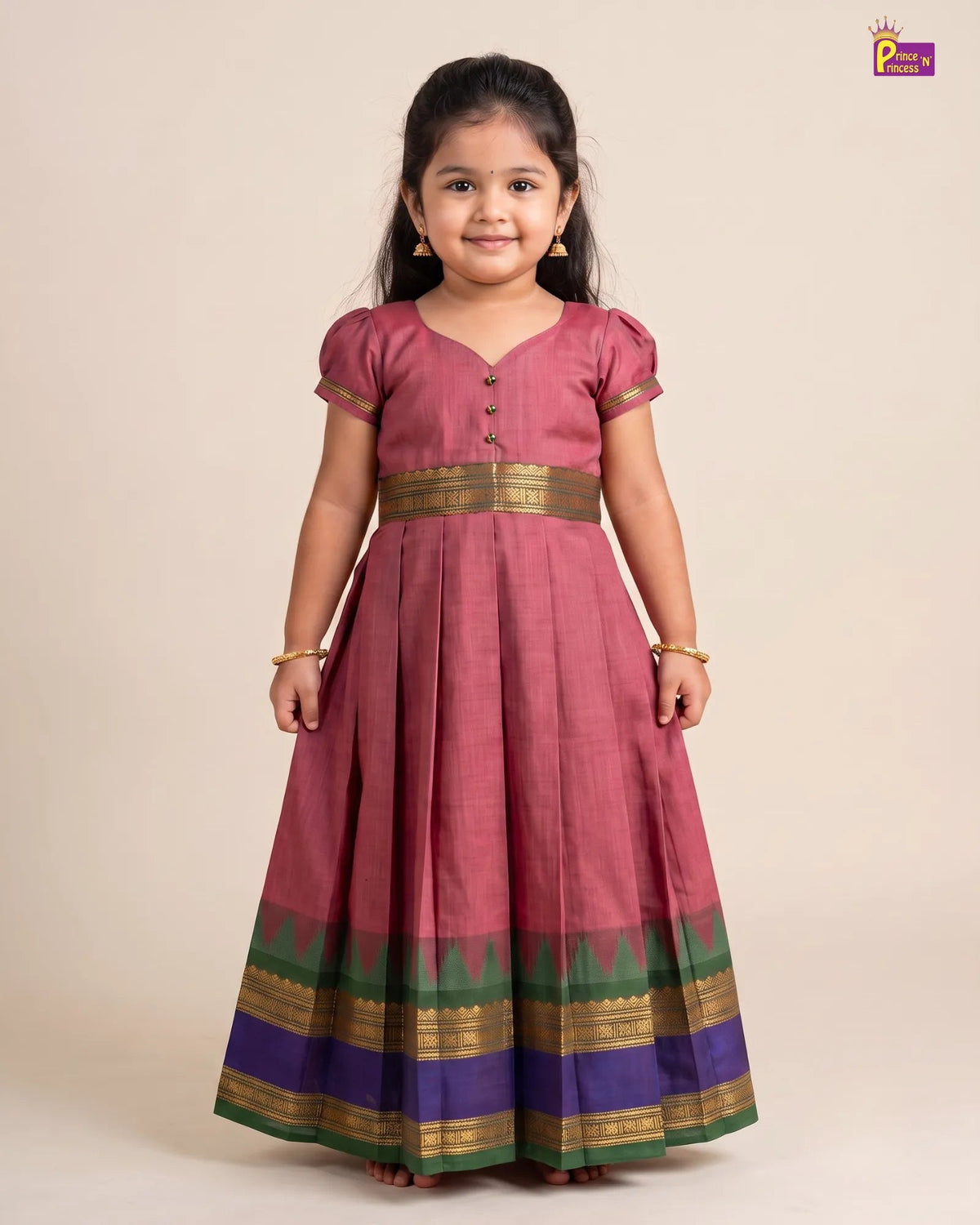 Dusty Rose Chettinad Cotton Long Gown for Girls - Festival Wear PG746 for kids festival wear