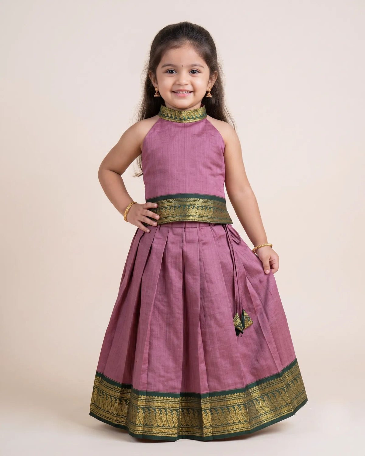 Dusty Rose Kalyani Cotton Halter Neck Pavadai - Pongal Diwali Wear PPP2156 for kids festival wear