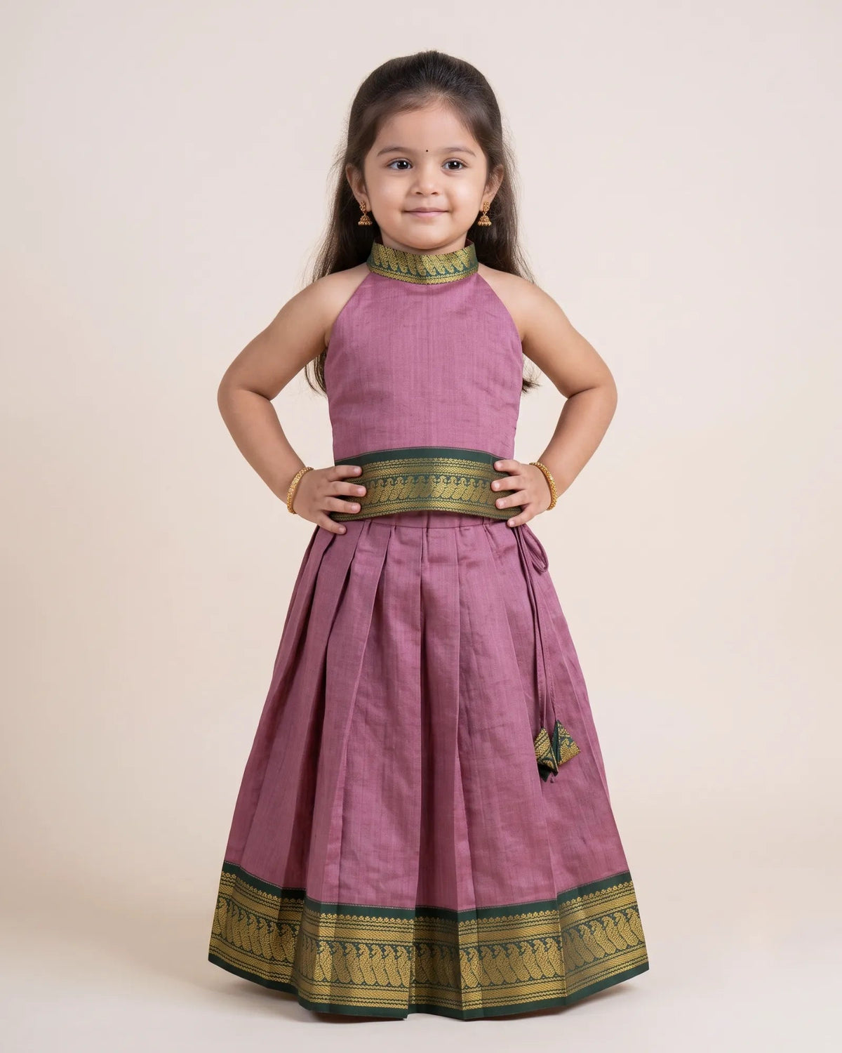 Dusty Rose Kalyani Cotton Halter Neck Pavadai - Pongal Diwali Wear PPP2156 for kids festival wear