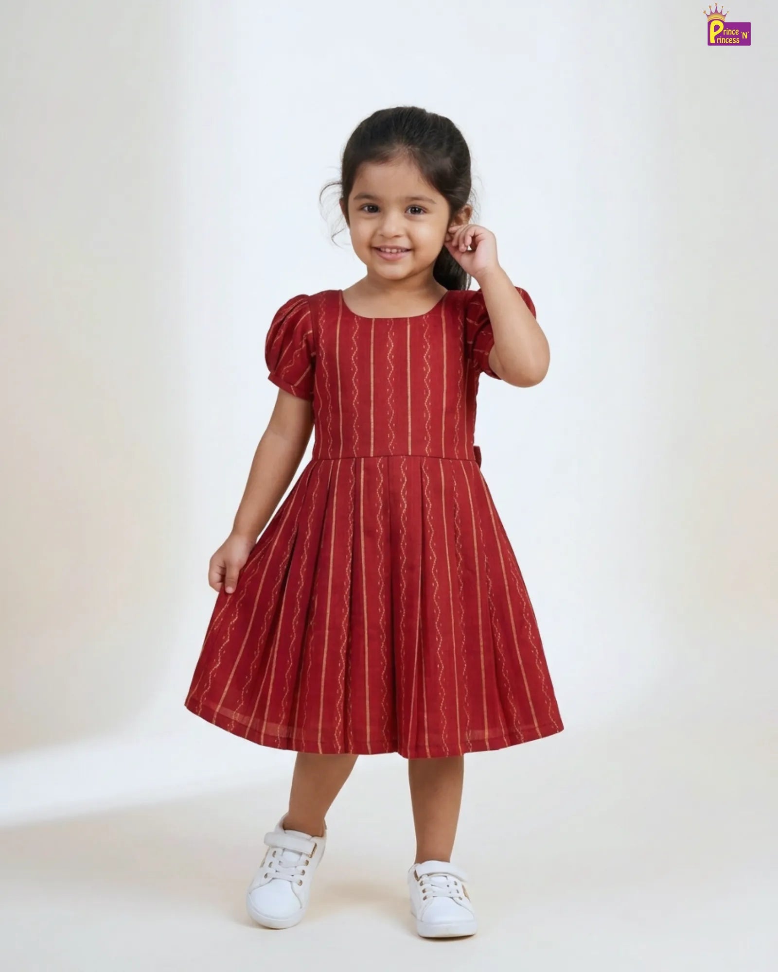 Dark Red Gold Stripe Cotton Frock for Girls | Puff Sleeve Pleated Dress CF424