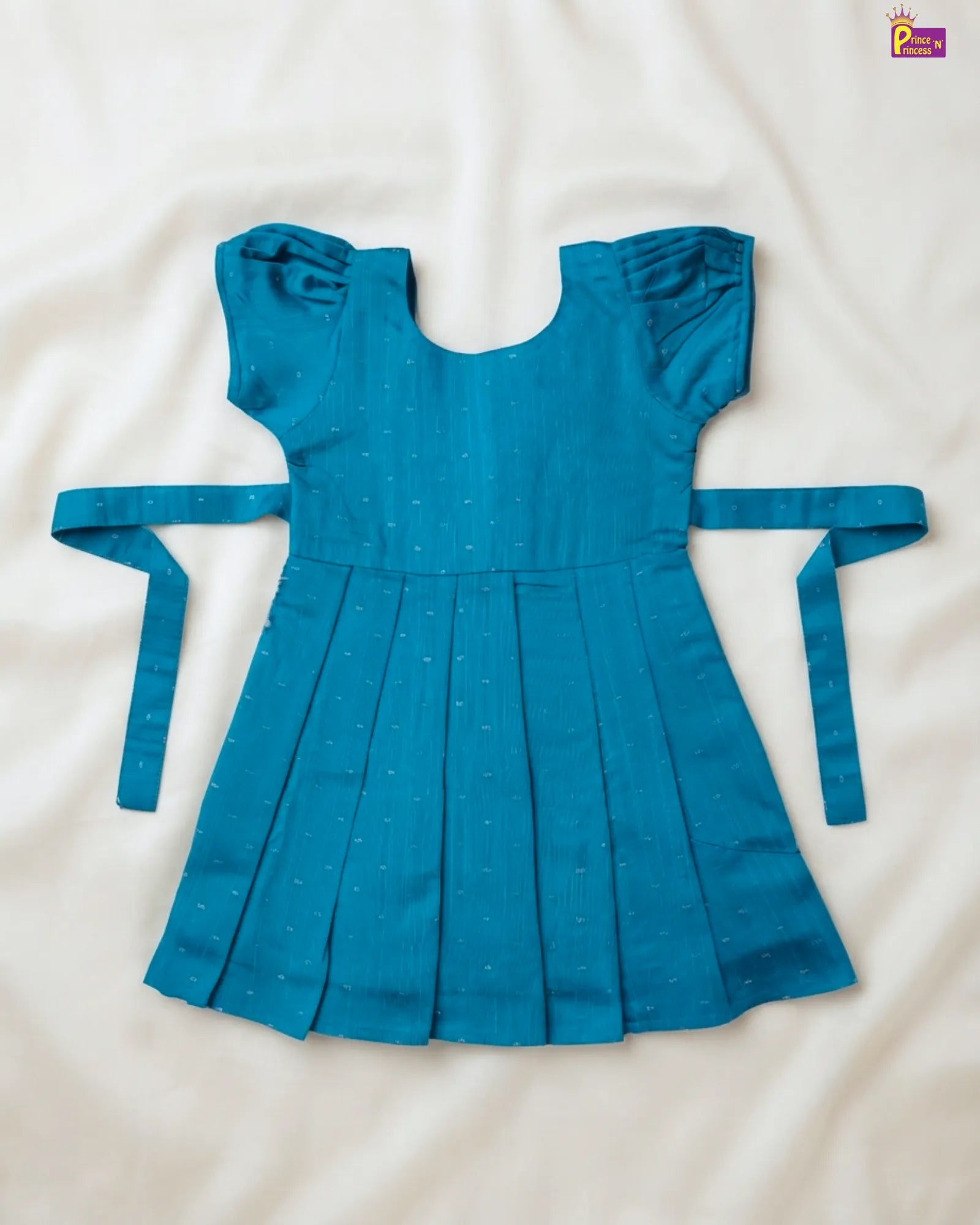 Sky Blue Dobby Cotton Midi Frock for Girls | Puff Sleeve Long Dress CF436
