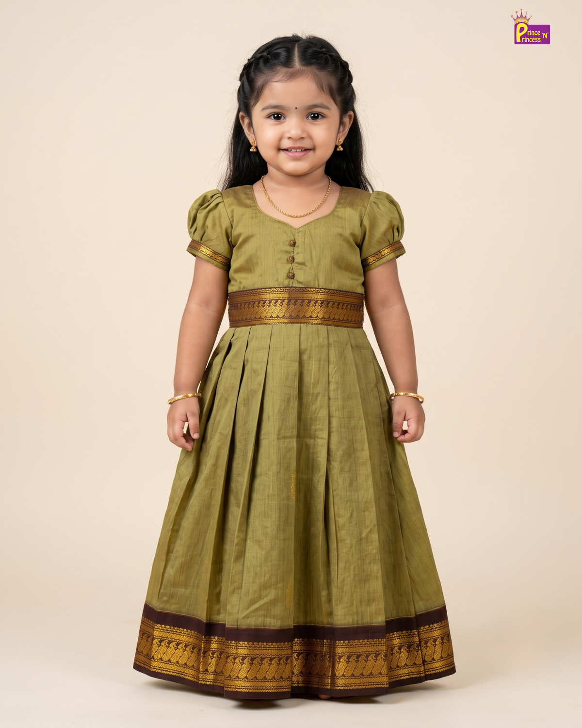 Girls Olive Green Kalyani Cotton Traditional Gown with Zari Border PG744