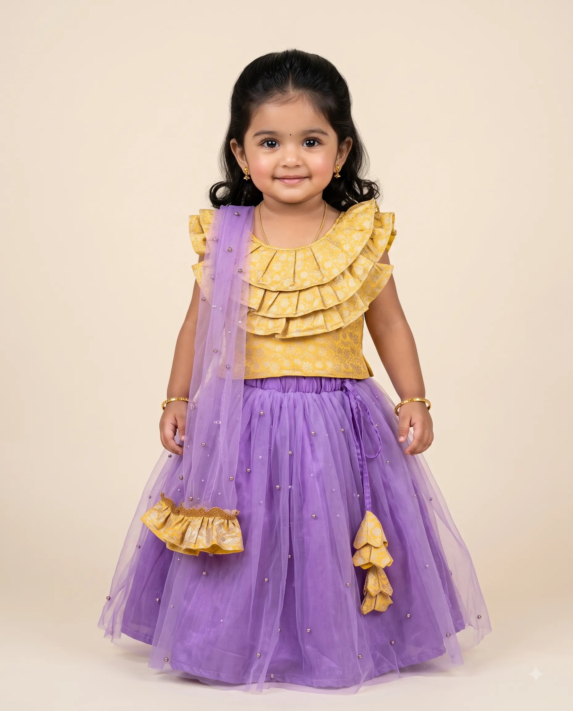 Girls Purple & Yellow Lehenga Choli Traditional Ethnic Dress for Festive Celebrations – LC276