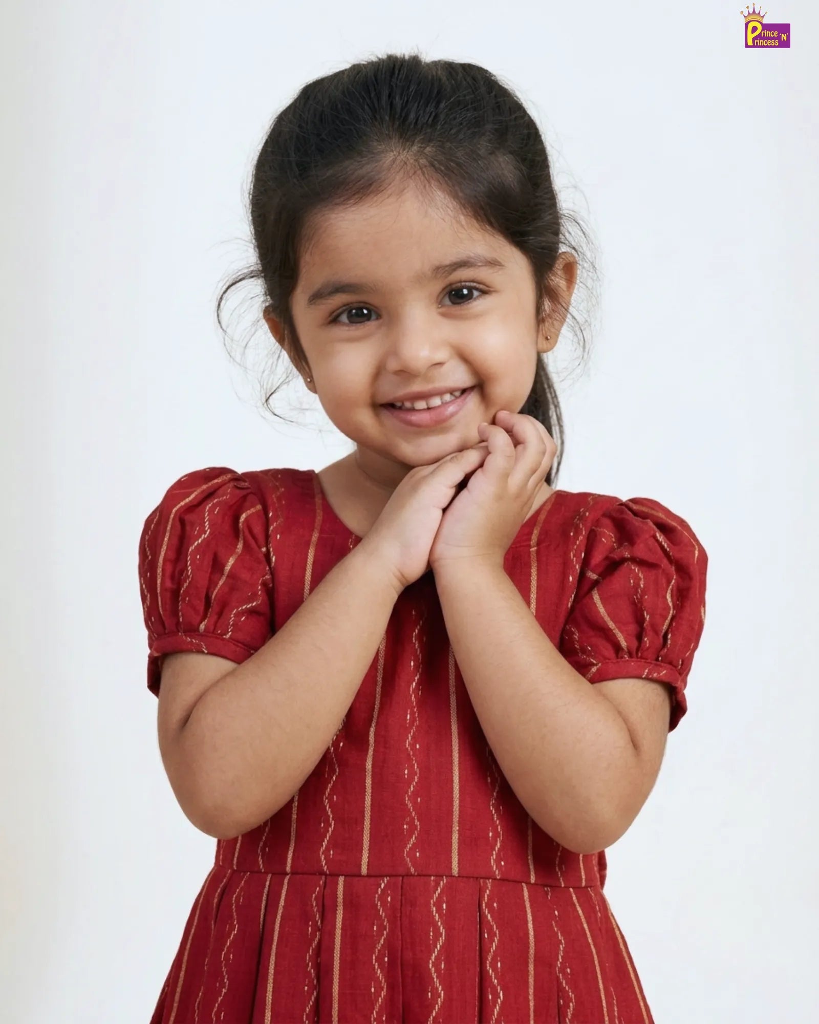 Dark Red Gold Stripe Cotton Frock for Girls | Puff Sleeve Pleated Dress CF424