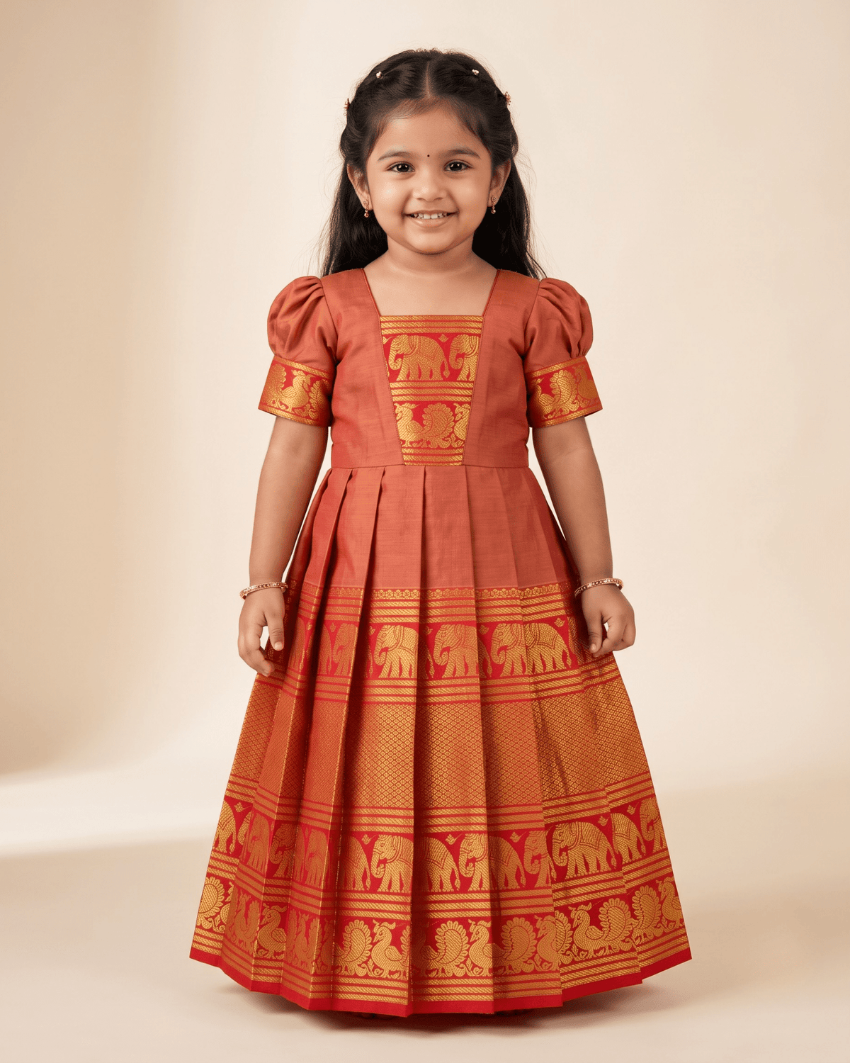 Elegant Gold Chettinad Cotton Gown for Diwali, Navratri & Pongal - PG749 for kids festival wear