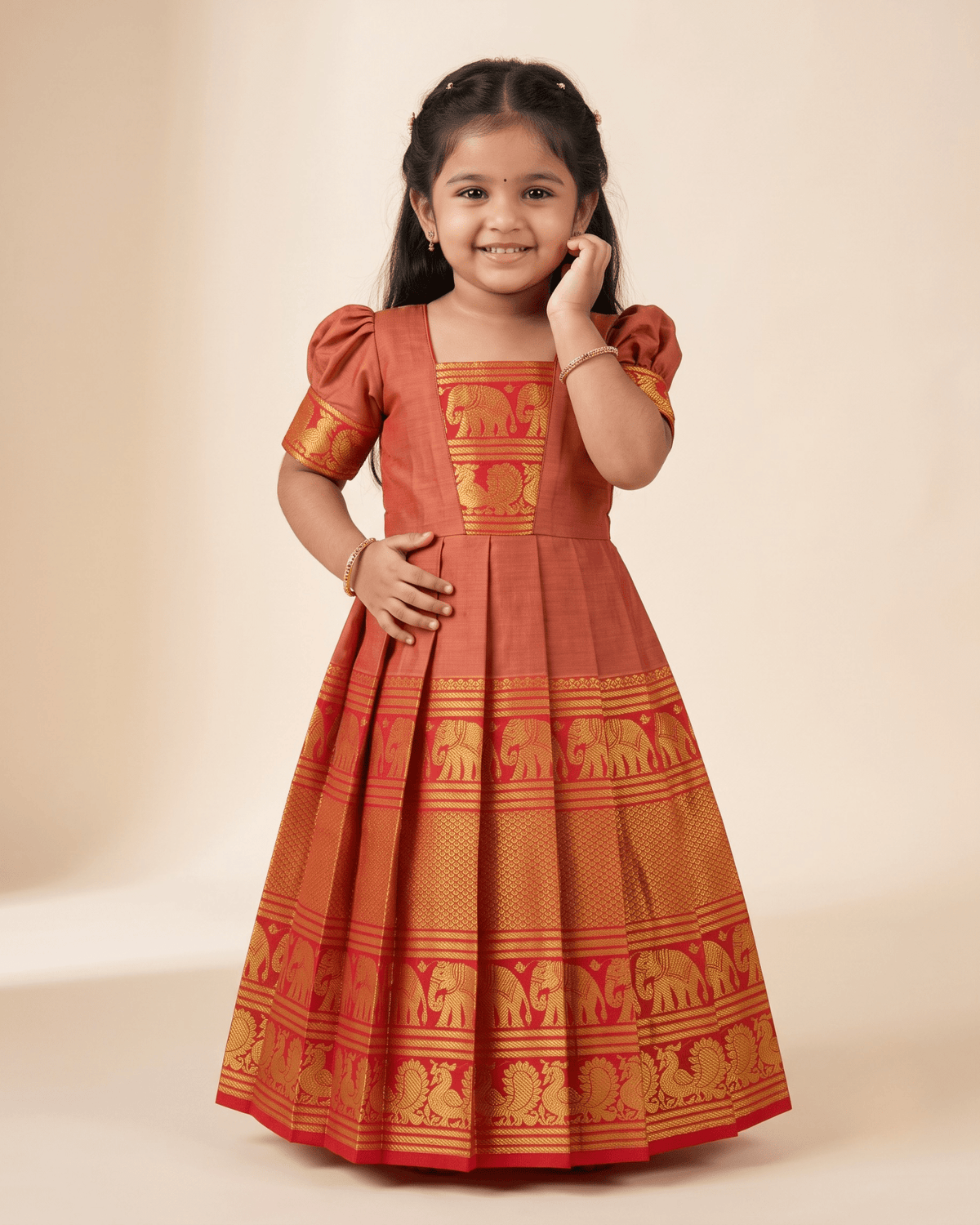 Elegant Gold Chettinad Cotton Gown for Diwali, Navratri & Pongal - PG749 for kids festival wear