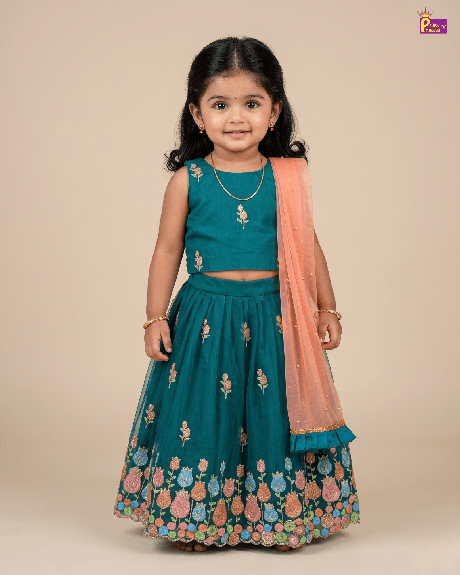 Emerald Green Floral Embroidered Lehenga Choli with Peach Net Dupatta LC197 for kids festival wear