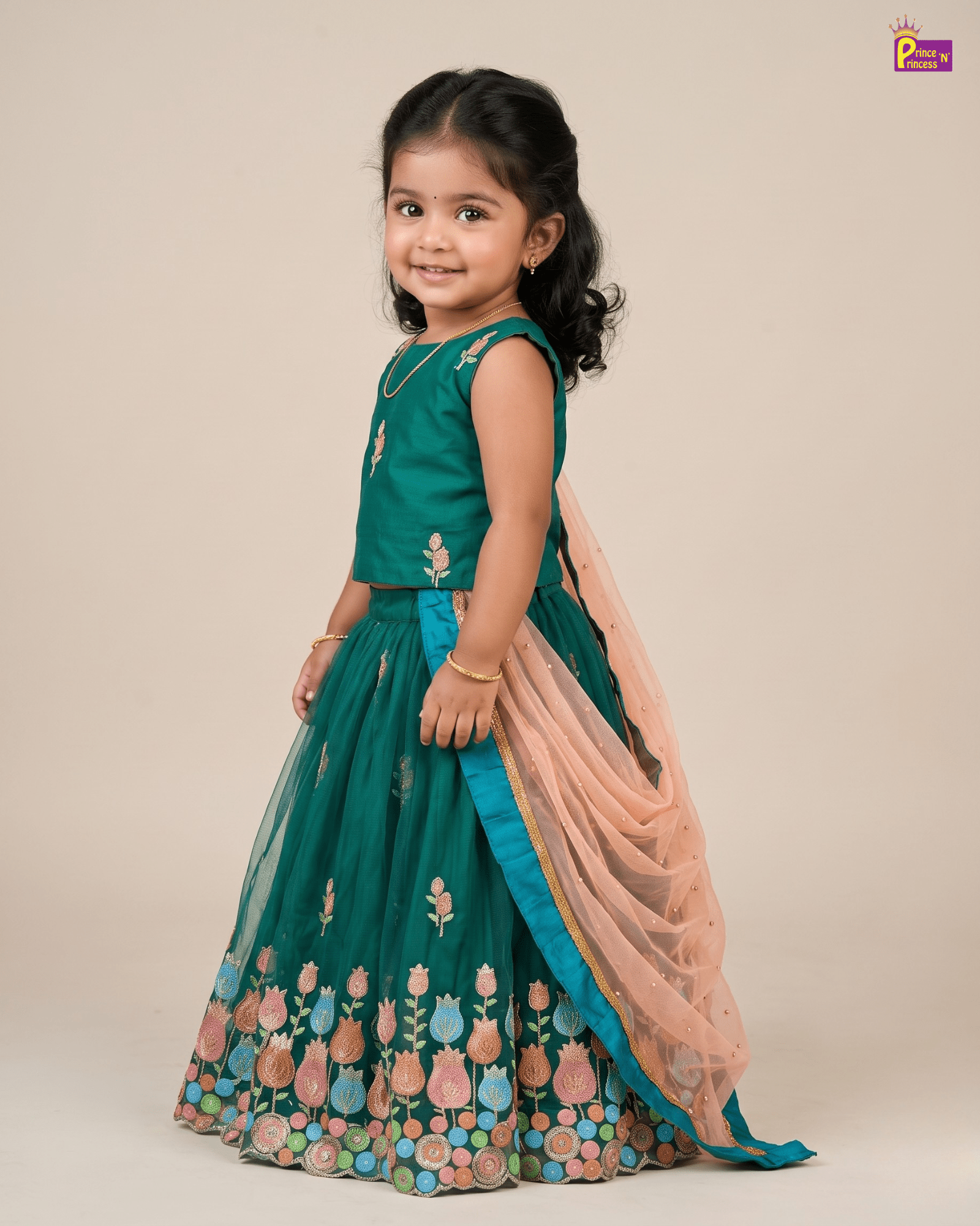 Emerald Green Floral Embroidered Lehenga Choli with Peach Net Dupatta LC197 for kids festival wear