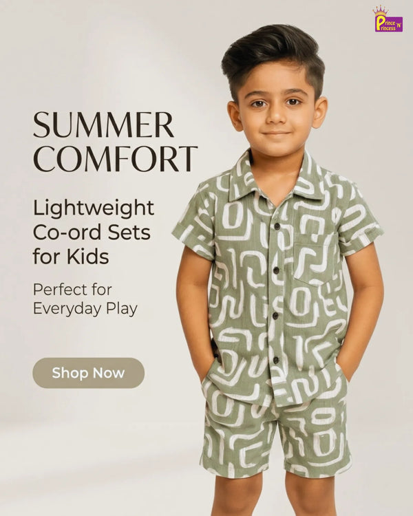 Pista Green Kids Shirt and Shorts Set | Popcorn Summer Co-ord Outfit BS002