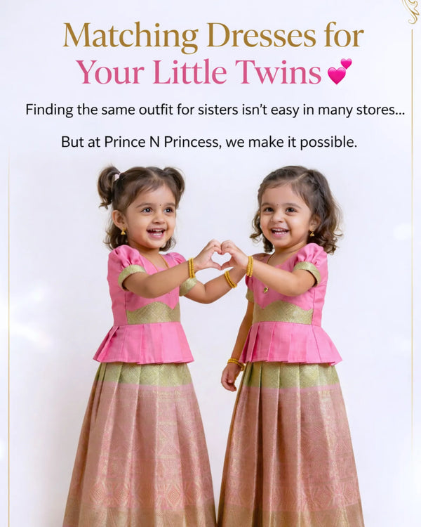 Kids Festival Aari Pattupavadai Pink with Green Boat Neck with Puff Sleeves │PPP2028