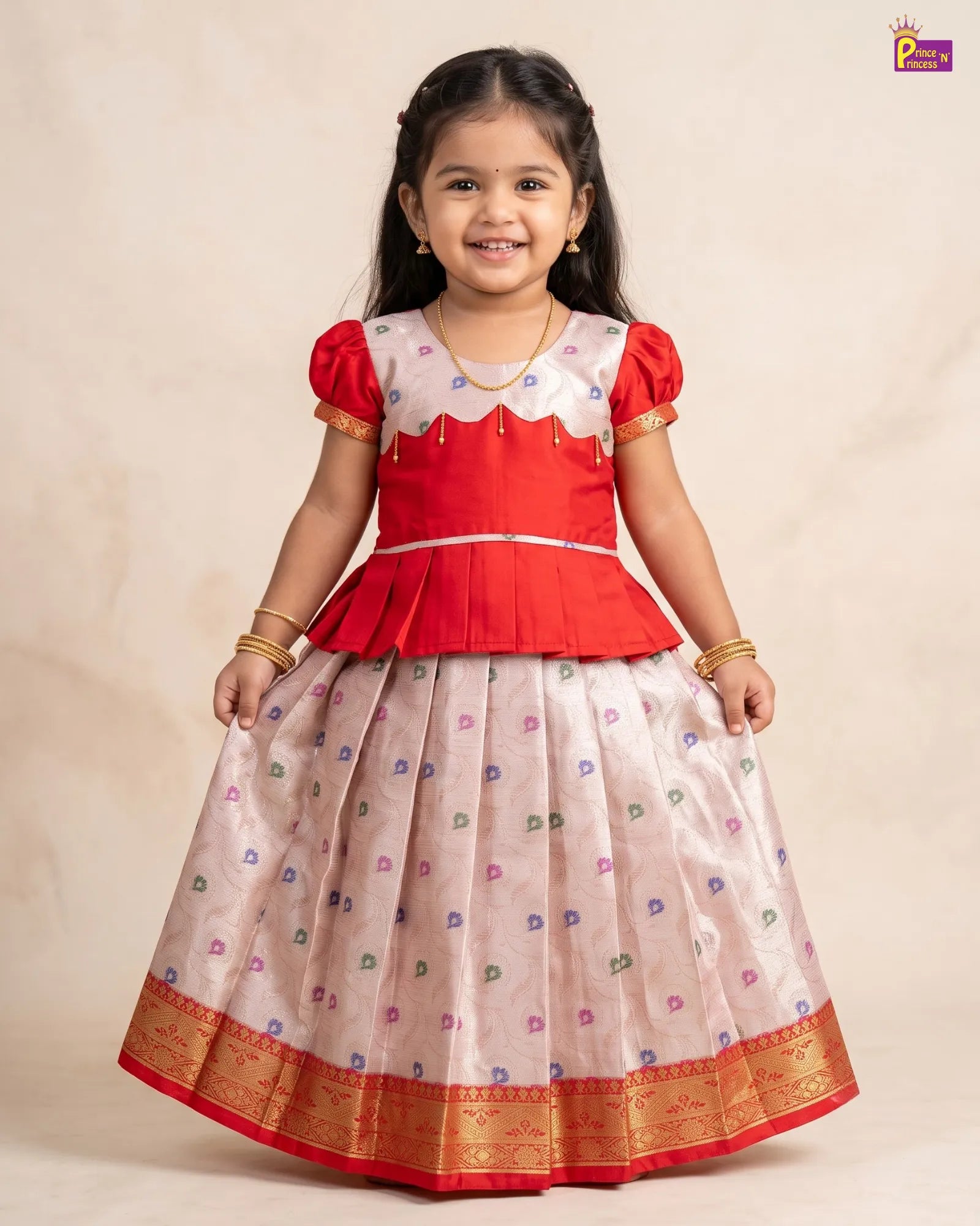Pattu Pavadai for Girls - Red & Blush Pink  PPP1530