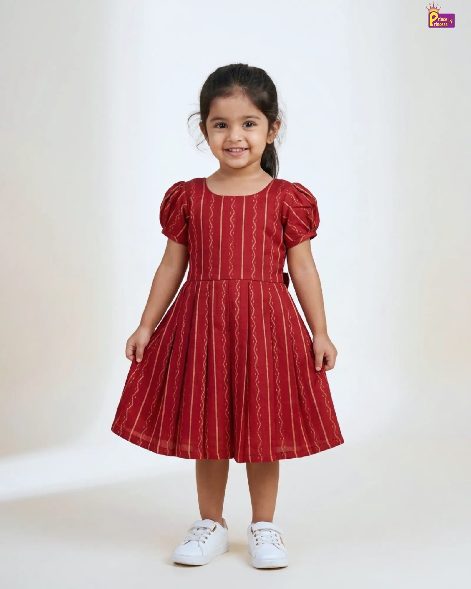Dark Red Gold Stripe Cotton Frock for Girls | Puff Sleeve Pleated Dress CF424