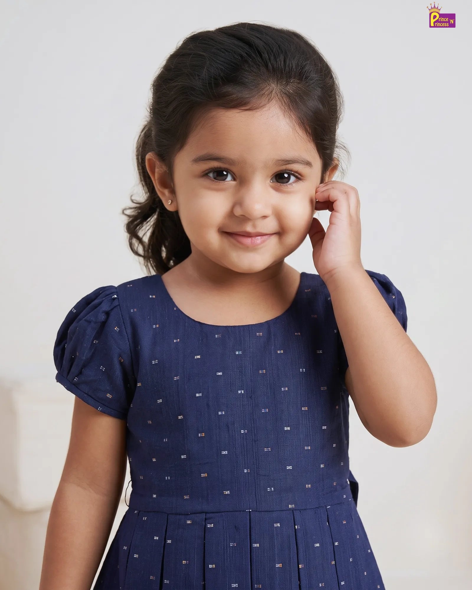 Navy Blue Dobby Cotton Frock for Girls | Multicolour Dot Puff Sleeve CF435
