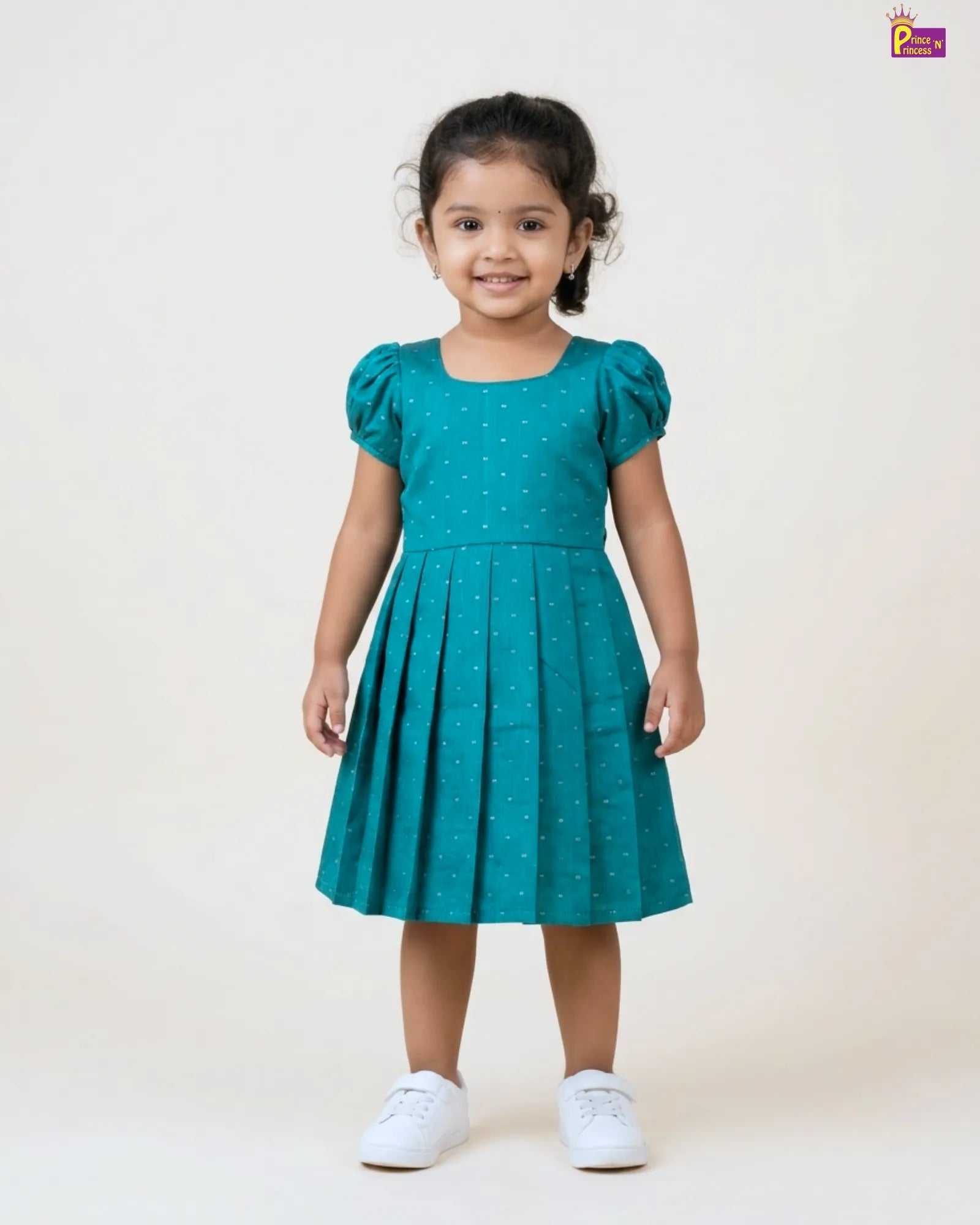 Teal Green Dobby Cotton Frock for Girls | Square Neck Puff Sleeve Dress CF438