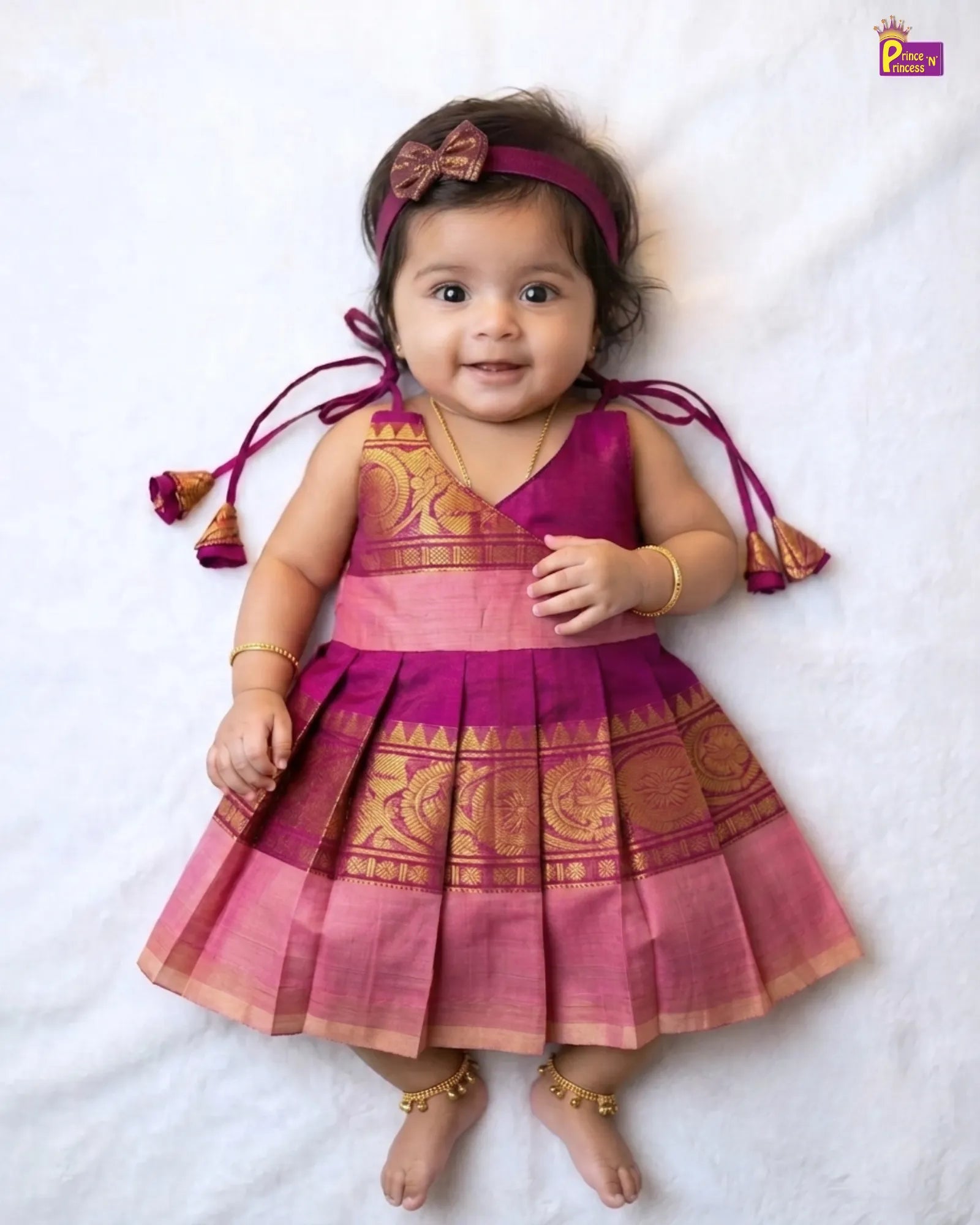 Magenta Rose Pink Chettinad Cotton Pattu Frock + Hairband | Baby Girl Traditional Frock LF2040