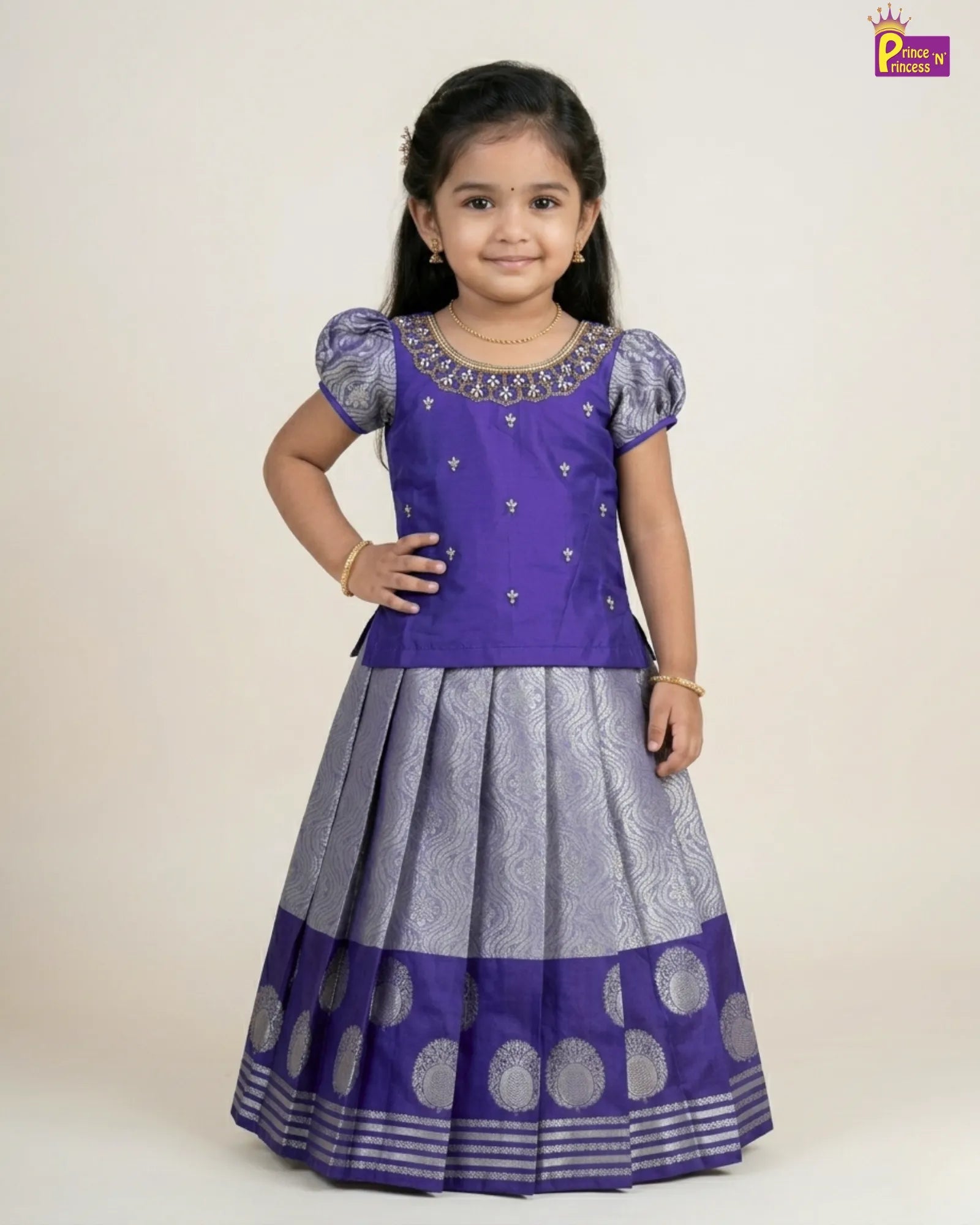 Young girl wearing a purple and gray traditional outfit on a white background