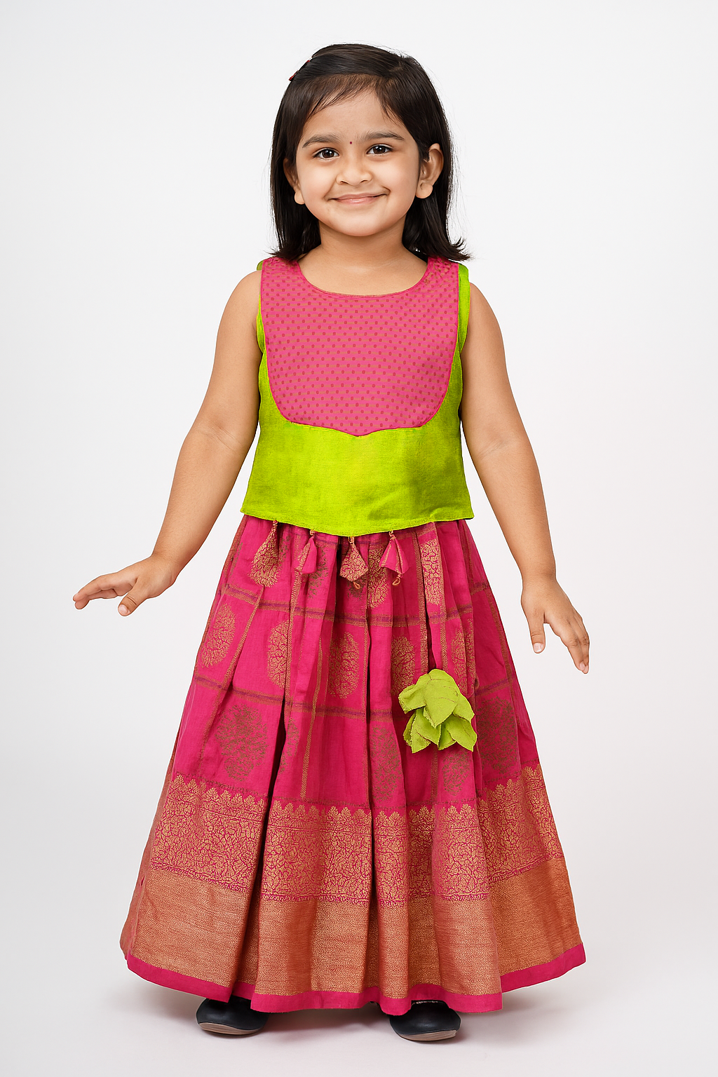 Kids Green And Pink Trendy Pattu pavadai PPP1761