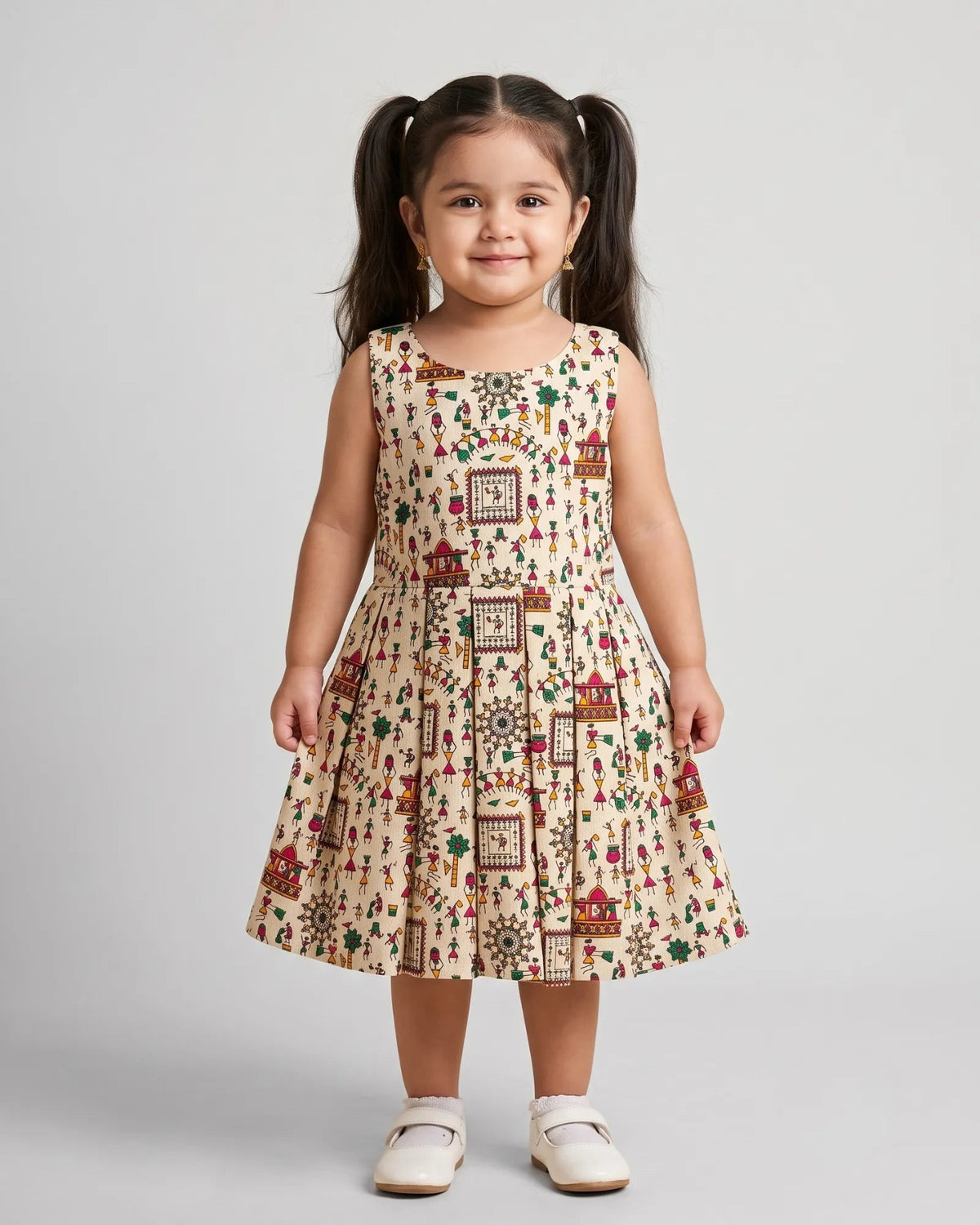 A young girl with dark hair in pigtails stands against a light gray studio background wearing a sleeveless cream-colored dress with a colorful folk-art print and white shoes.