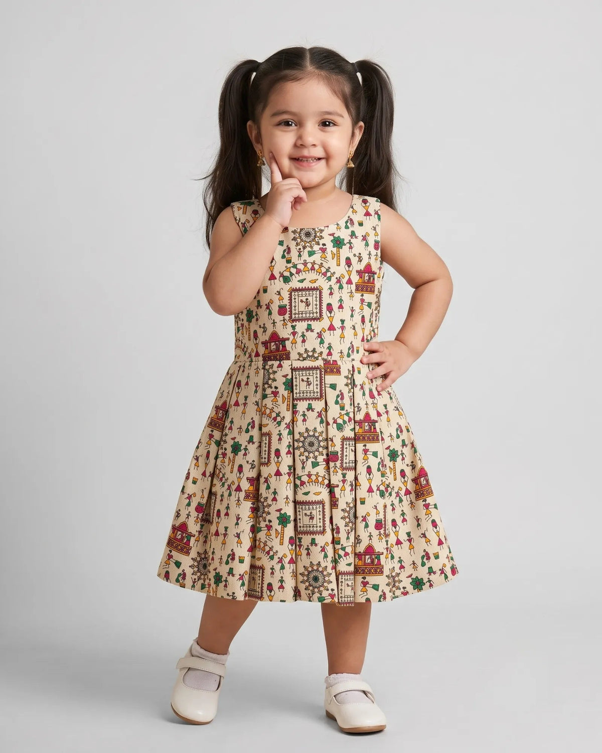 A young girl with dark hair in pigtails stands against a light gray studio background wearing a sleeveless cream-colored dress with a colorful gingerbread house pattern and white shoes.