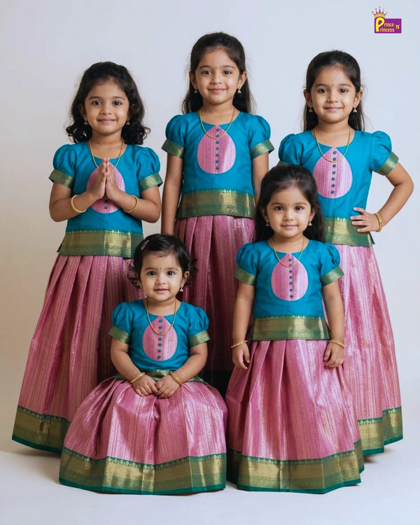 Baby Girl Lavender & Gold Silk Pattu Pavadai - Puff Sleeve Lehenga Set for Kids PPP2048