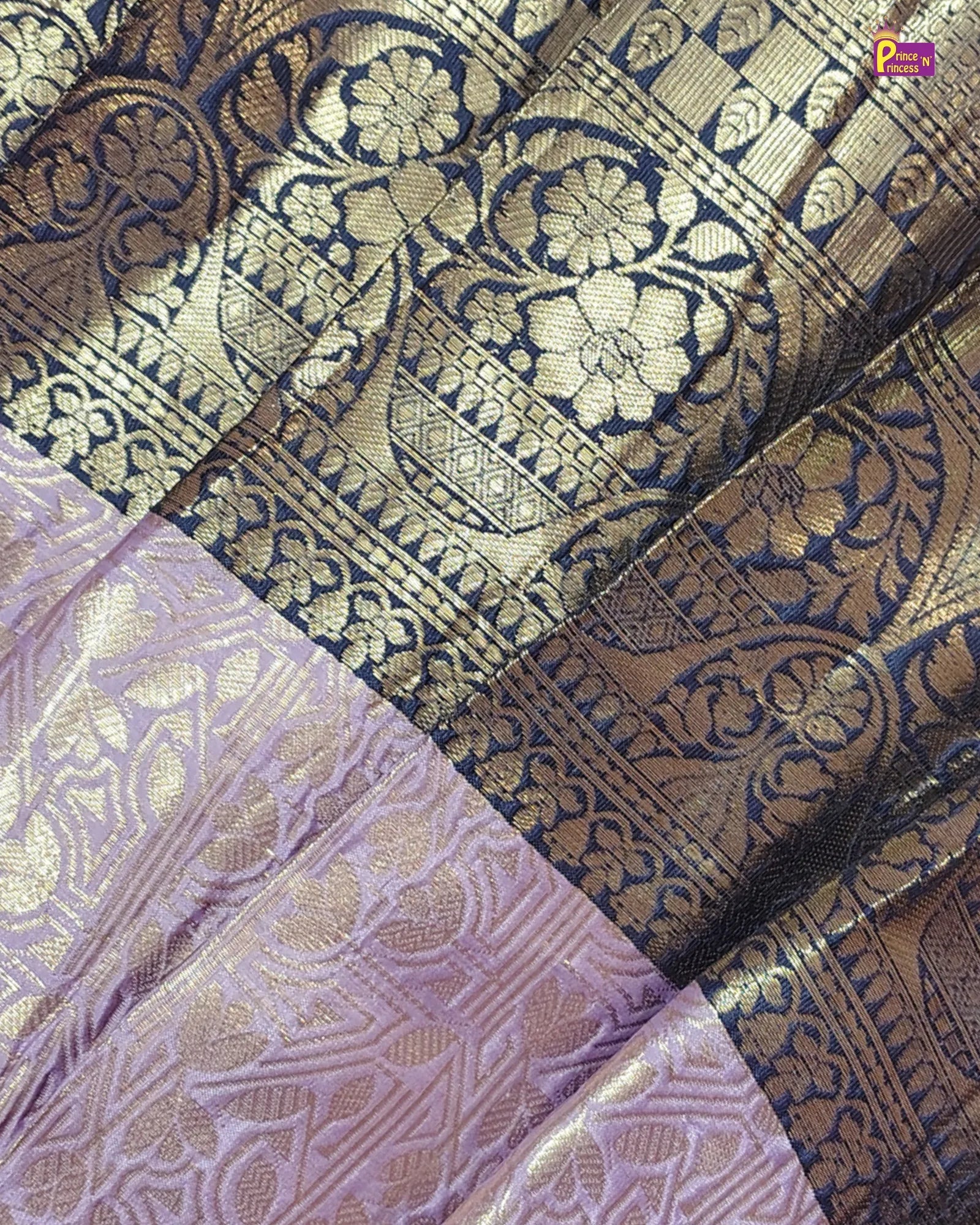 Patterned fabric with gold and purple colors